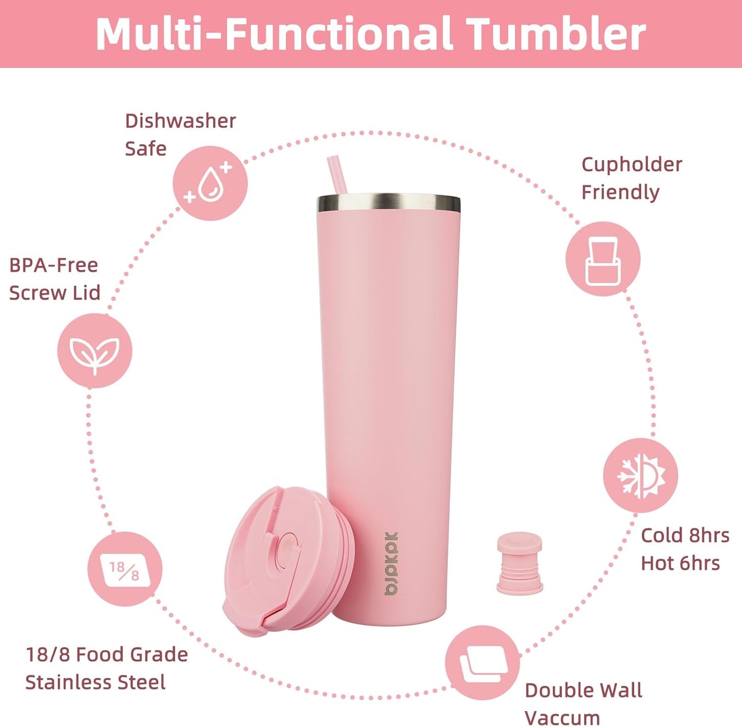 BJPKPK 34oz Tumbler With lid And Straw Stainless Steel Travel Coffee Mug Insulated Tumblers Cups,Light Pink