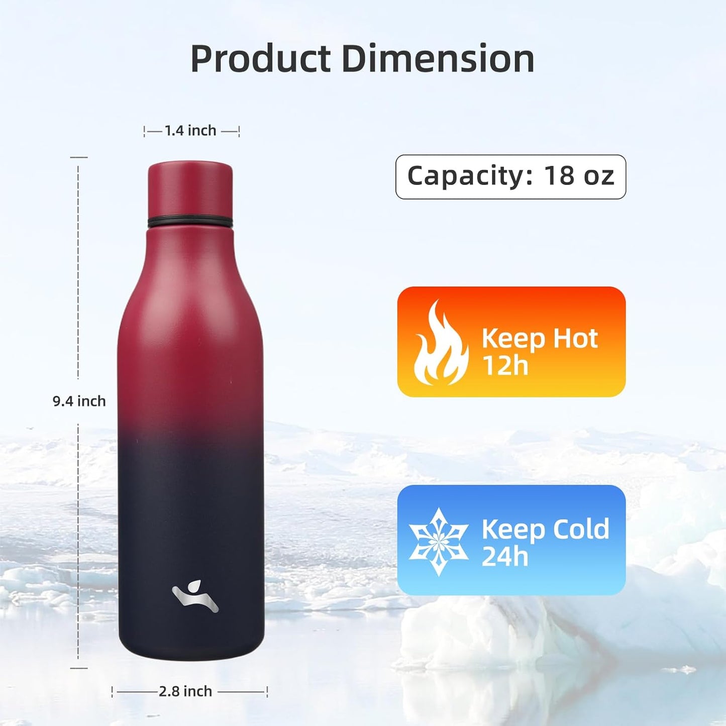 Insulated Water Bottle with Strap,18 oz Double Wall Stainless Steel Vacuum Bottles Metal Water Flask,Rosy Red
