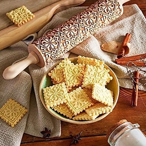 Christmas Wooden Rolling Pin for Baking,Engraved Embossing Rolling Pin Cookie Stamps Roller Square Grid Cookies Mold Kitchen Decor Tools for Kids Adults(Flower Window)