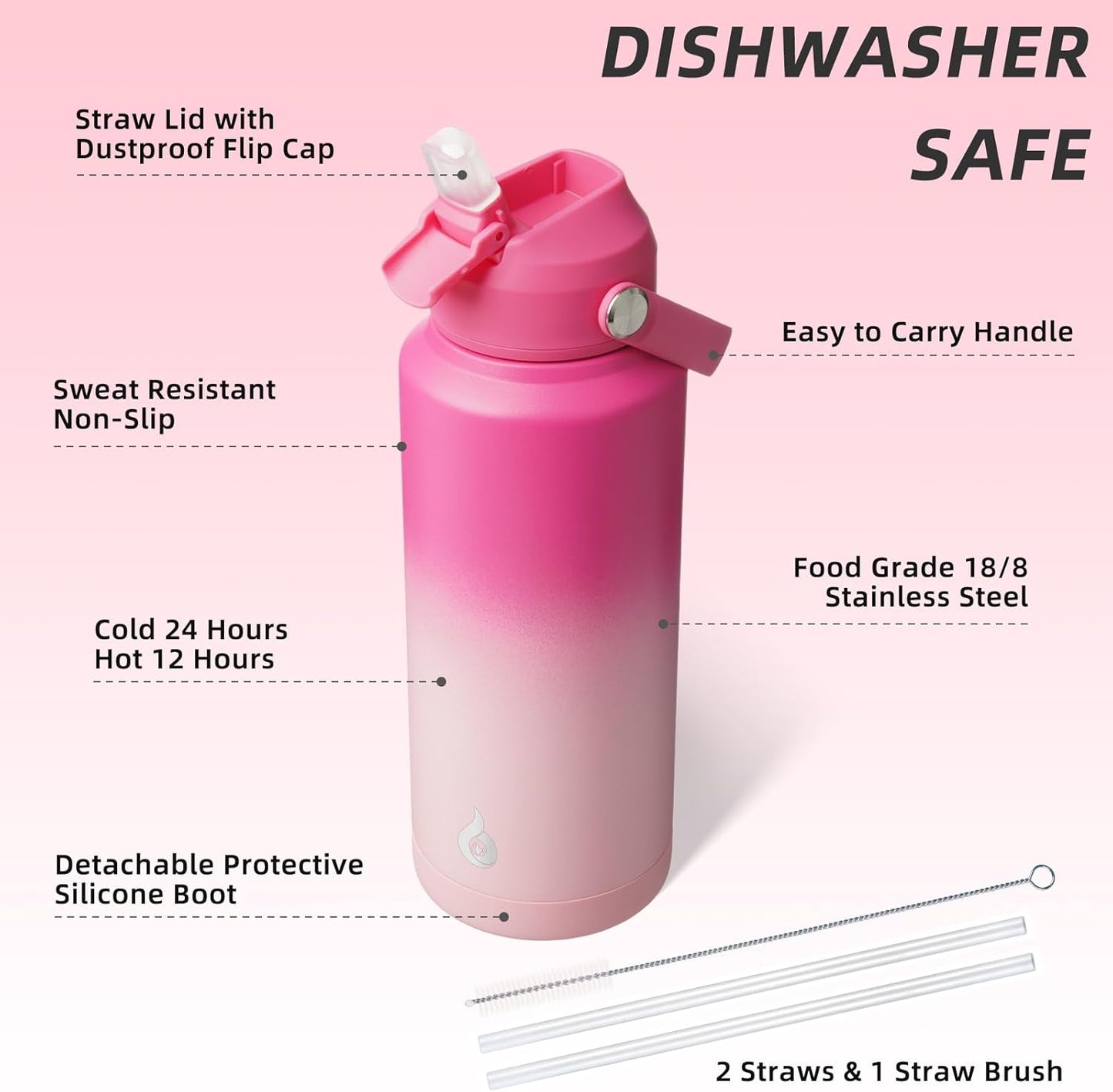 BJPKPK Water Bottle with Straw Lid, 32oz Vacuum Insulated Water Bottles, Metal Stainless Steel Thermos for Sports, Travel, BPA Free Leak Proof Thermos, Cups, Flasks, Tumblers,Cherry