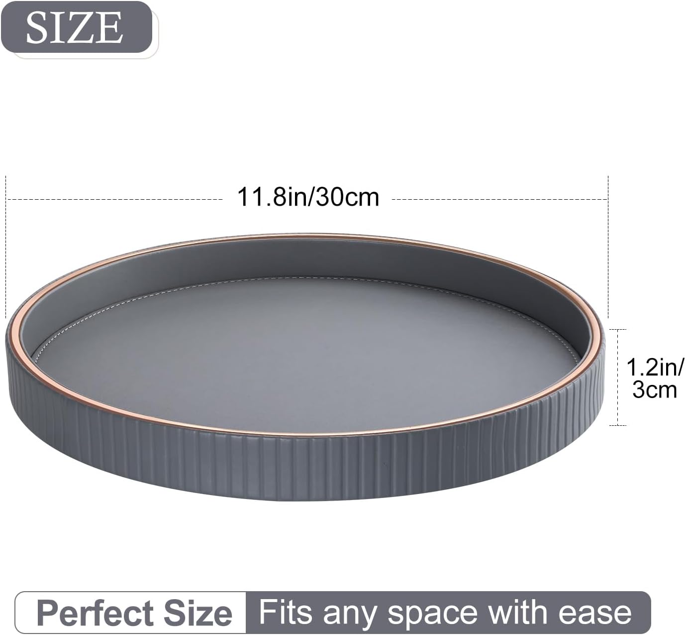 GORESE Round Coffee Table Tray for Home Decor, 12" PU Leather Decorative Serving Trays Table Centerpiece for Kitchen Island, Perfume Trinket Trays for Dresser, Ottoman Tray Nightstand Organizer, Gray