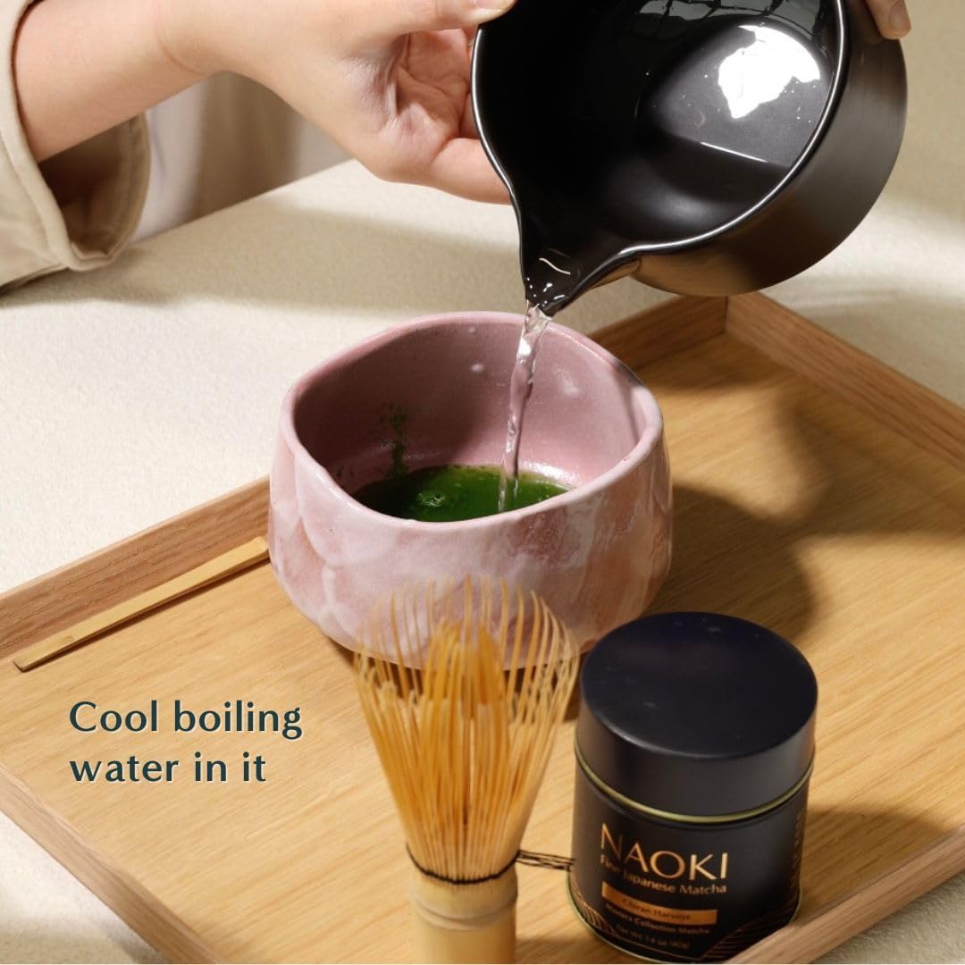 Naoki Matcha Traditional Ceramic Chawan Matcha Tea Bowl with Pour Spout Set - Hand Made Ceramic with Black Matte Glaze - For Perfectly Whisked Matcha Green Tea (18 Ounce)