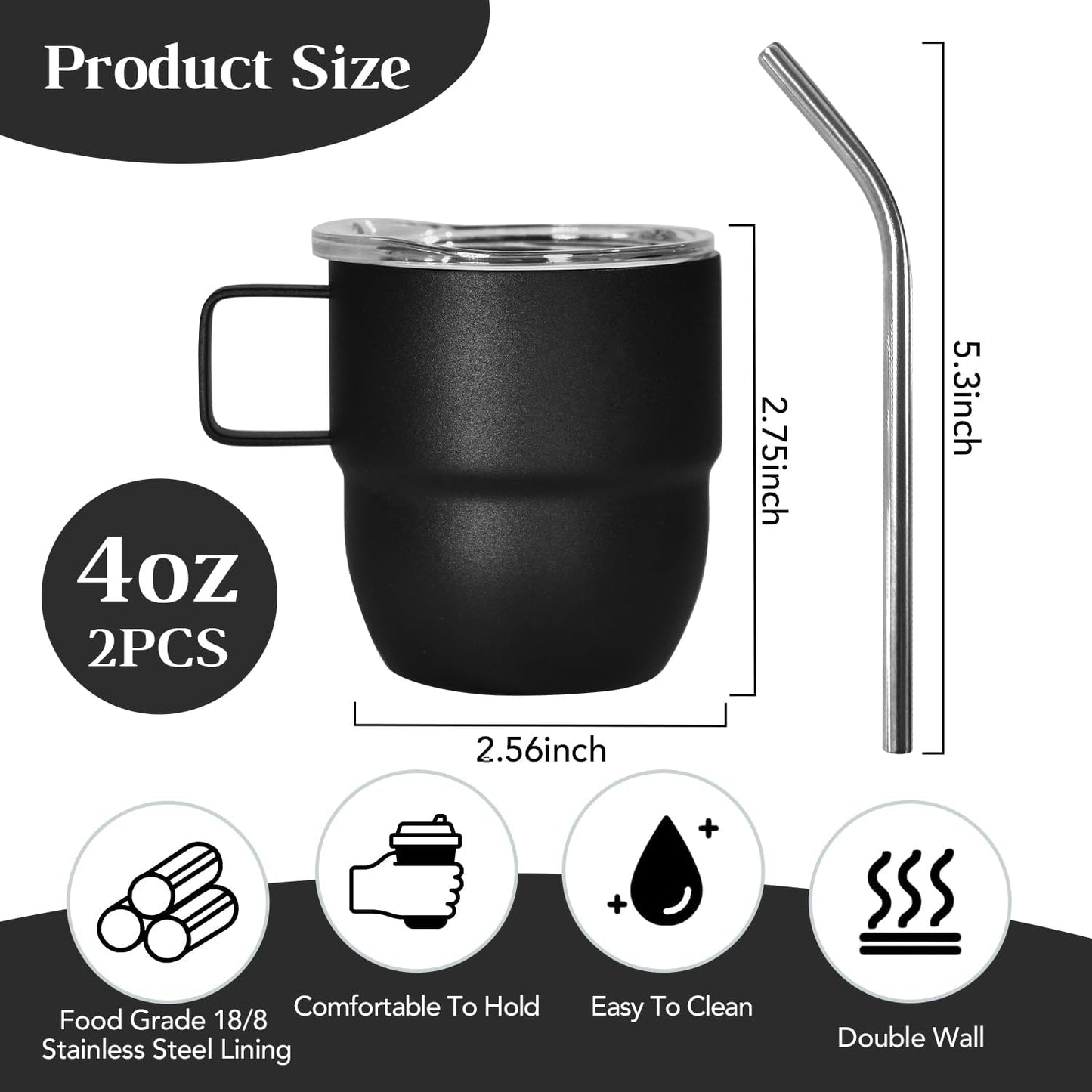 4oz Espresso Cup Set of 2, Insulated Espresso Mug With Lid and Straw, Espresso Shot Glasses with Handle, Double Walled Stainless Steel Small Expresso Shots Cup for Coffee
