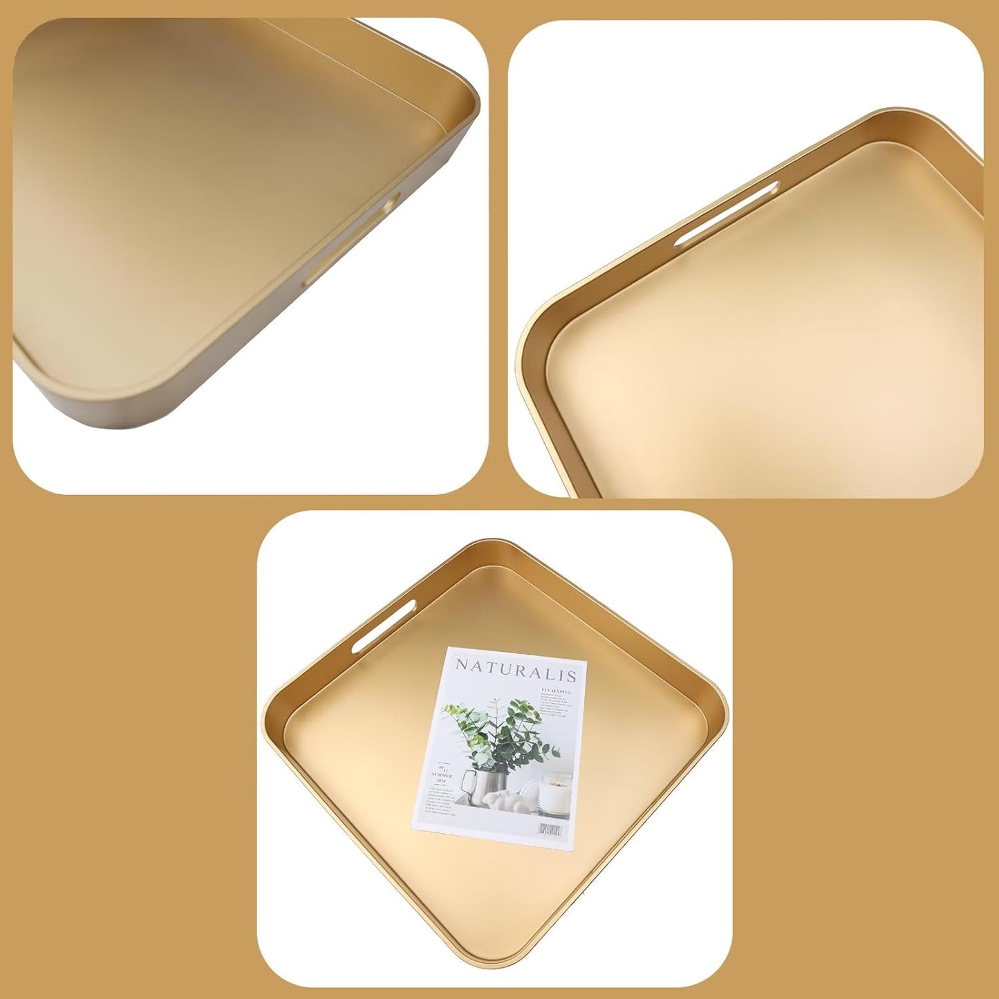 Gold Square Decorative Tray with Handles, 13"*13" Versatile Serving Tray for Coffee Table, Ottoman, Ideal for Serving, Displaying, Organizing