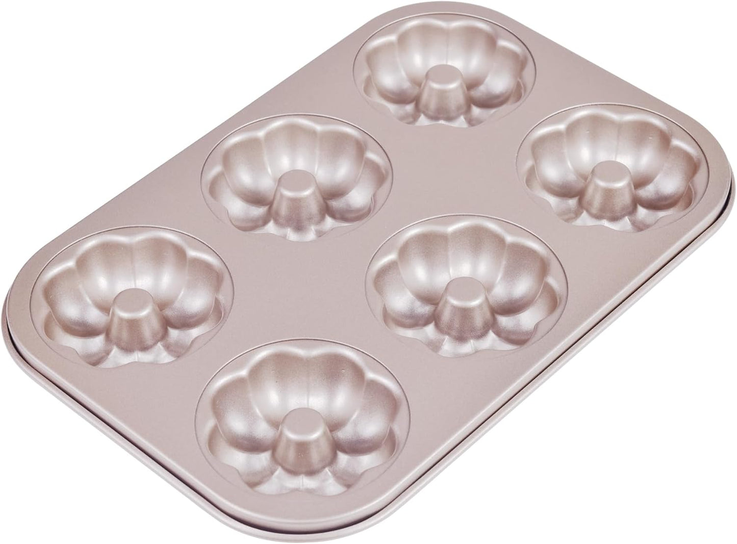 Flower Donut Pan, 6 Cavity Donut Mold Heavy Duty Steel Non-stick Flower Heart Shaped Bund Pans Pattern Doughnut Bakeware for Oven Baking (Champagne Gold)