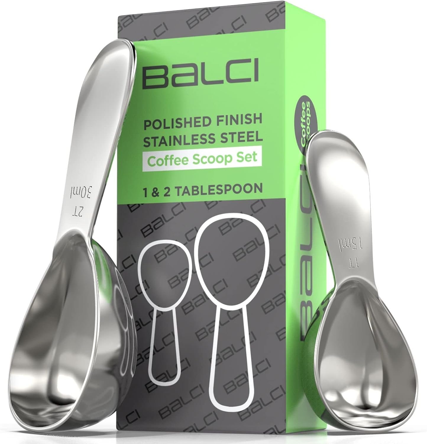 BALCI - Stainless Steel Coffee Scoop Set (1&2 Tablespoon, 15ml and 30ml) Exact Measuring Spoons for Coffee, Tea, Sugar, Flour and More!