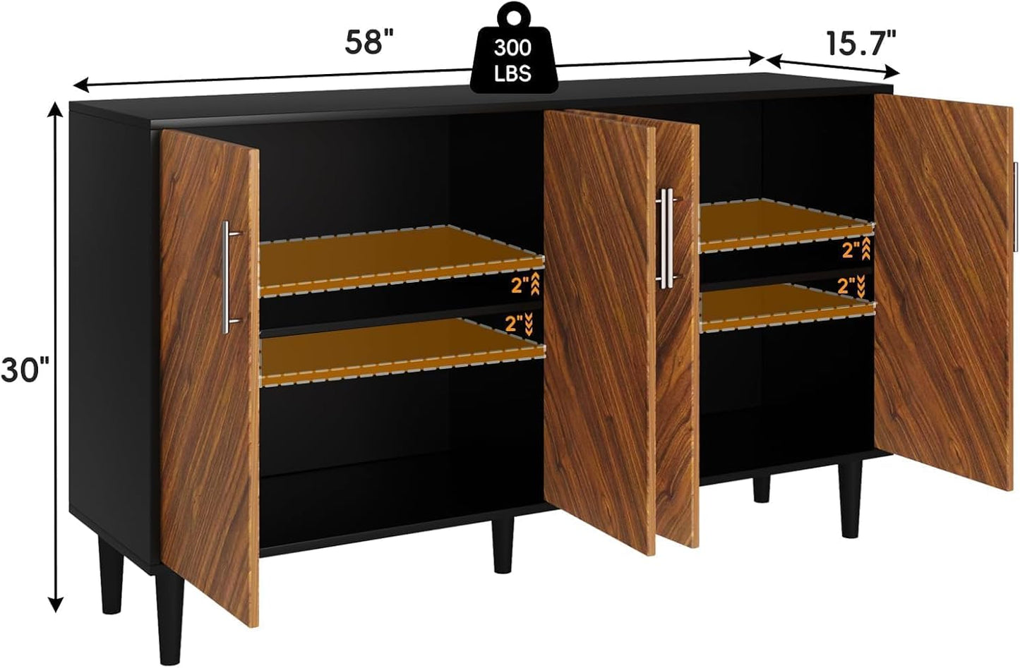 4 EVER WINNER Buffet Cabinet with Storage, 58" Sideboard Cabinet with Adjustable Shelves, Modern Coffee Bar with 4 Doors for Living Room Entryway, Walnut and Black