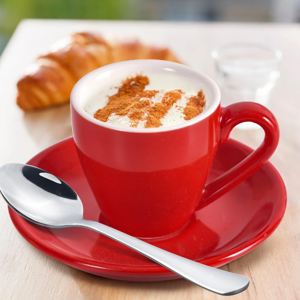 homEdge Porcelain Espresso Shot Cup Set with Saucers and Stainless Steel Spoons - 80 ml / 2.67 oz, Set of 4, Red