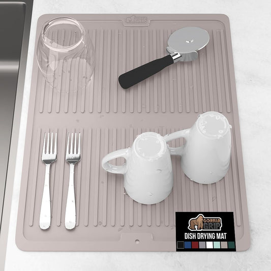 GORILLA GRIP 100% BPA-Free Patented Silicone Dish Drying Mat for Kitchen Counter, 18x16 Inch, Water Catching Ribbed Design, Easy Clean Waterproof Sink Liner, Heat Resistant, Fits Under Rack, Almond