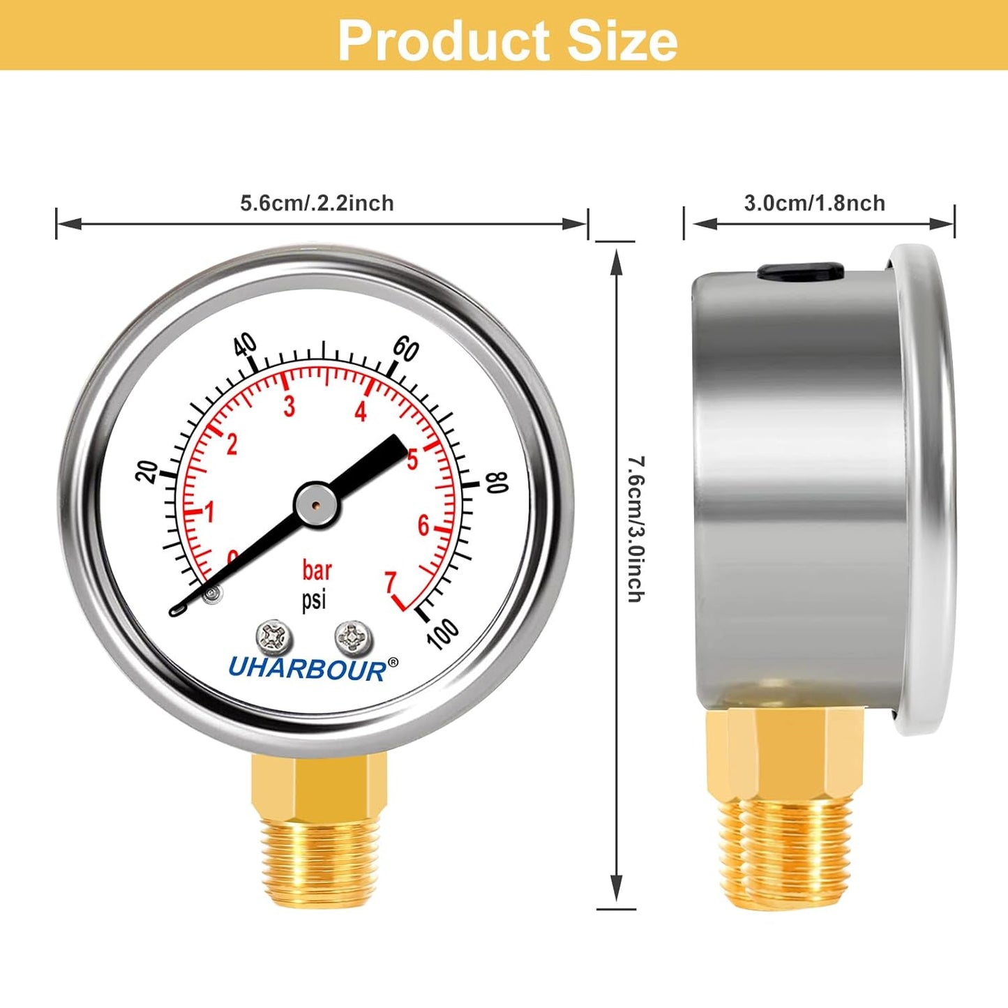 Pressure Gauge 1/4 NPT 0-100 Psi 2" Dial Stainless Steel Case, 1/4 NPT Lower Mount Pressure Gauge