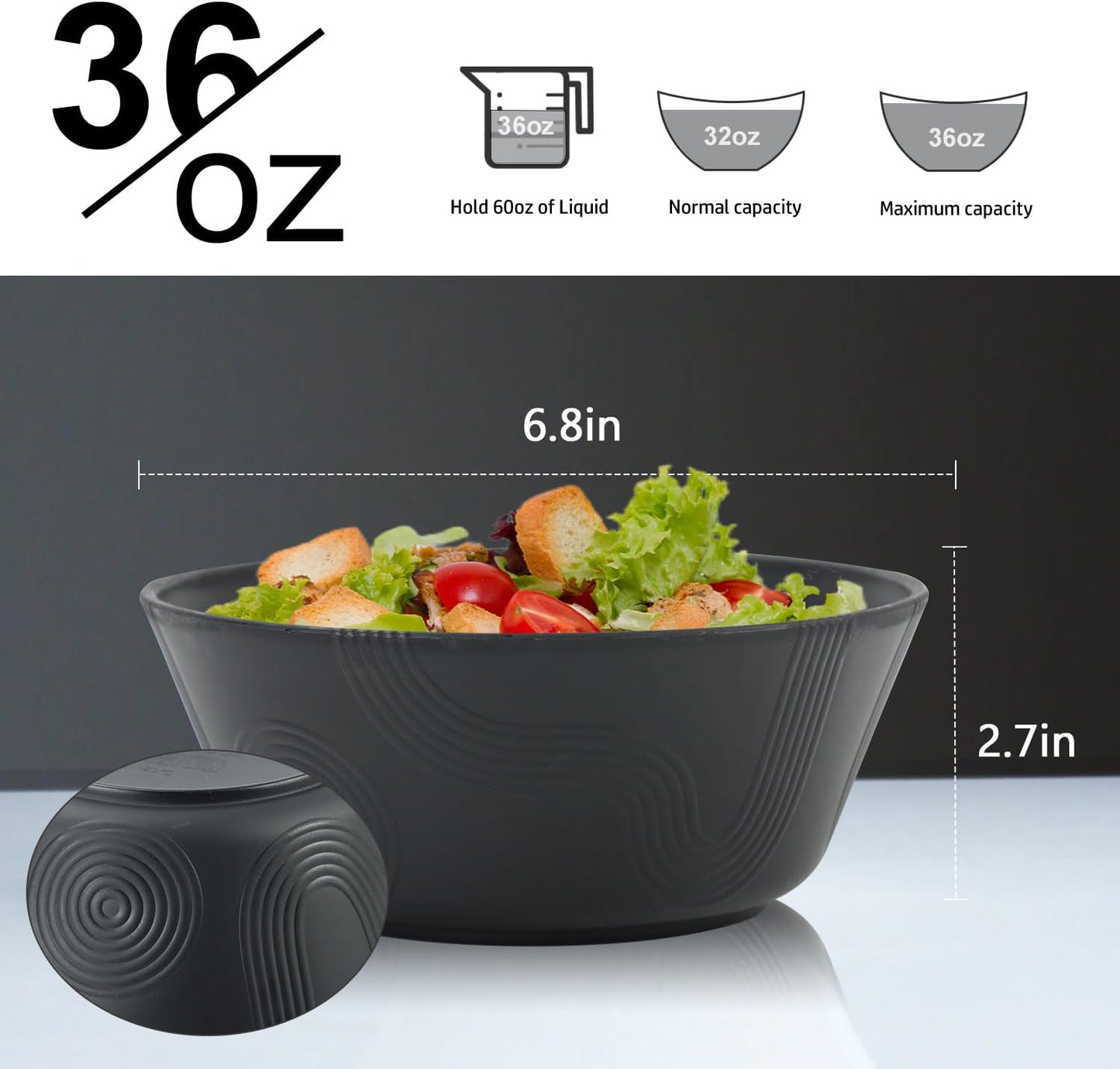 Homienly Cereal Bowl, Large Soup Bowl Set, Wheat Straw Bowl with Textured Design - 36oz Bowl Set, 6 PCS Microwave and Dishwasher Safe Bowls, Bowls for Kitchen, Serving Soup,Ramen,Pho,Salad - Black