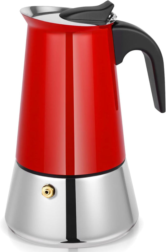 Moka Pot, 4 Cups (7.1 oz) Stovetop Espresso Maker, 304 Stainless Steel Moka Pot, Induction Compatible, Red