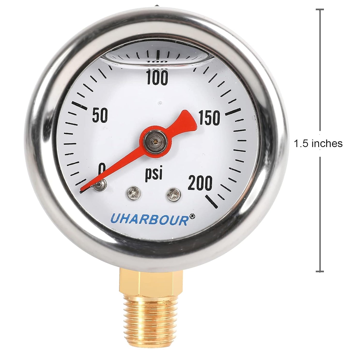 Glycerin Filled Pressure Gauge with 304 Stainless Steel Case, 1-1/2" Dial Size, 0-200Psi, High Accuracy, 1/8" NPT Center Lower Mount with Single Scale (psi).