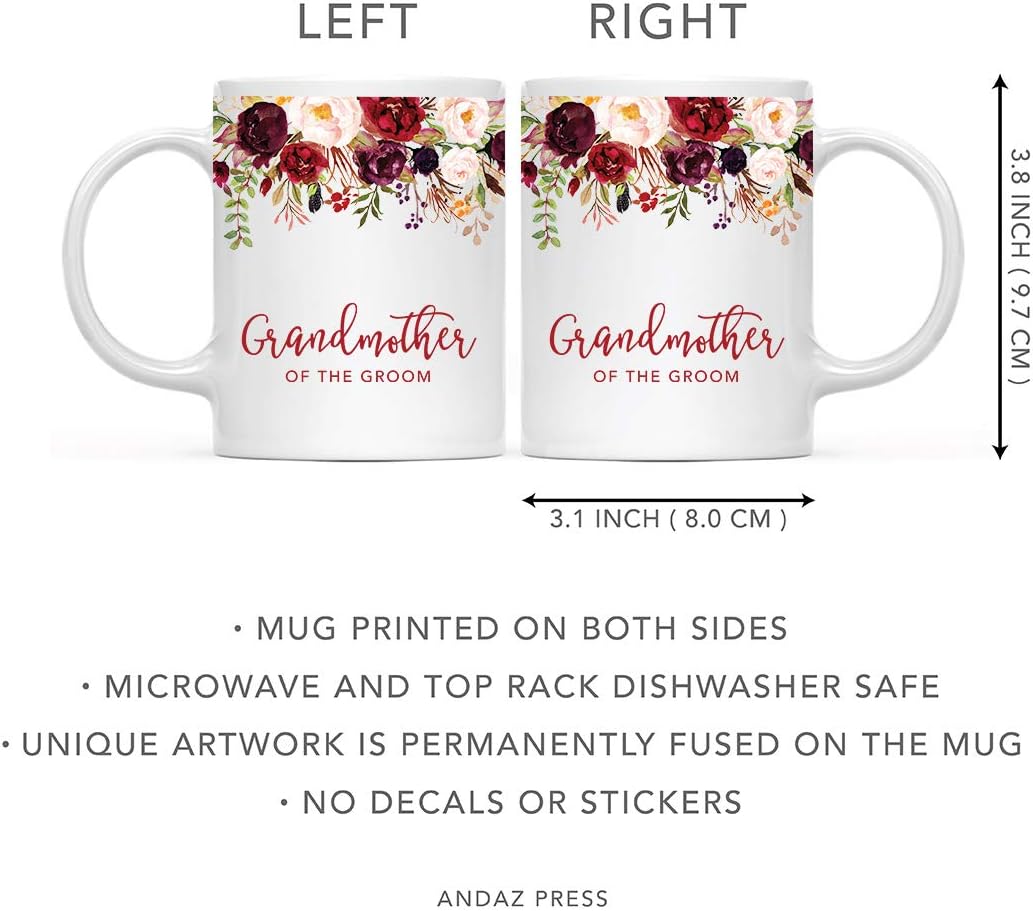 Andaz Press 11oz. Wedding Ceramic Coffee Tea Mug Gift, Fall Autumn Marsala Burgundy Flowers Roses Florals, Grandmother of the Groom, 1-Pack, Includes Gift Box
