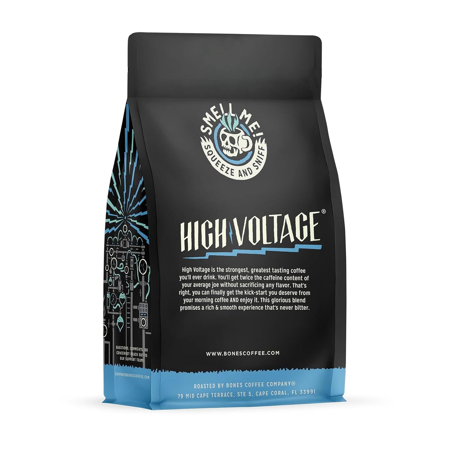 Bones Coffee Company High Voltage, Highly Caffeinated Unflavored Coffee, Medium Roast Low Acid Arabica Beans Compatible with Auto drip and French Press Coffee Maker, 12 Oz Whole Bean