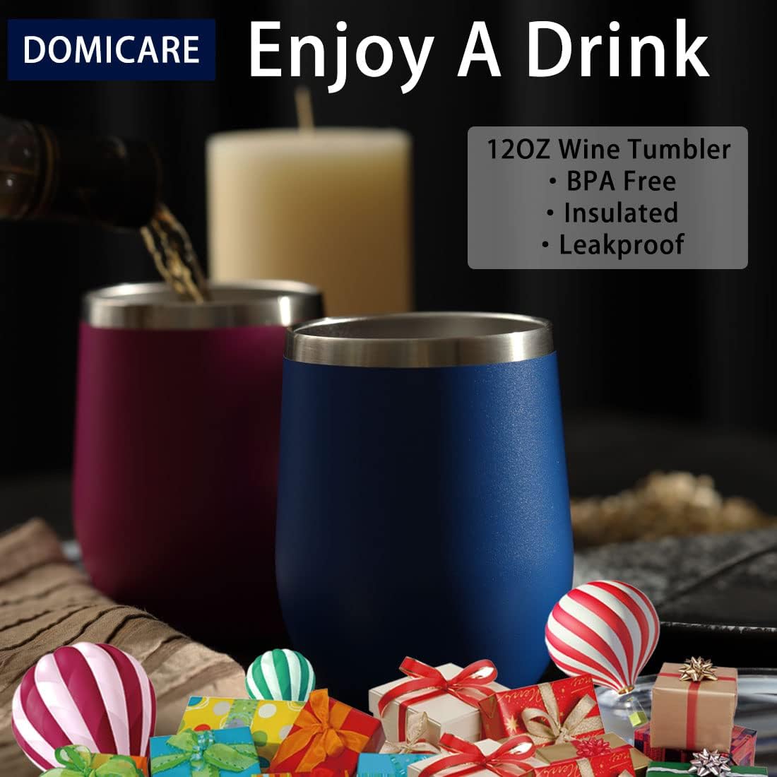 DOMICARE Stainless Steel Wine Tumbler Bulk with Lid, Personalized Insulated Tumblers Set, 12oz Travel Coffee Cups Pack of 8, Dark Blue