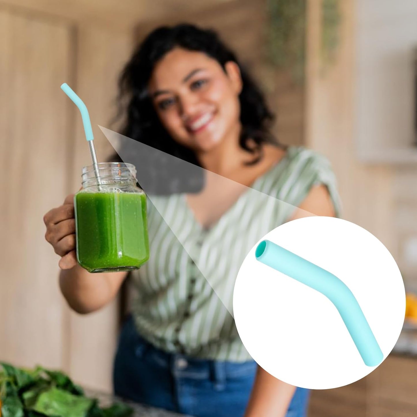 6pcs Food-Grade Silicone Metal Straw Tips, Reusable Flex Elbow Straws Cover Replacement Tips, Soft Straw Toppers Kits for 8 mm Stainless Steel Metal Straws - Mint Green