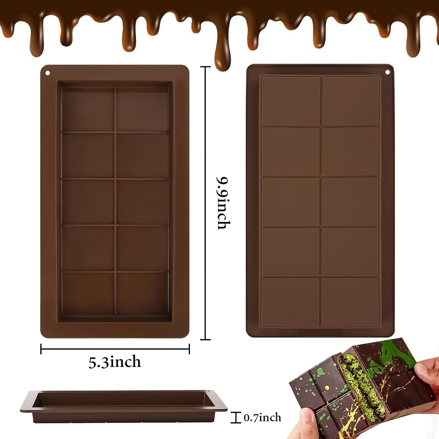 Yisquar Chocolate Bar Mold 2 Pack Dubai Mold 1 Inch Deep Silicone Chocolate Form Thick Candy Bar Form for Filling Pistachio DIY Chocolates Snacks