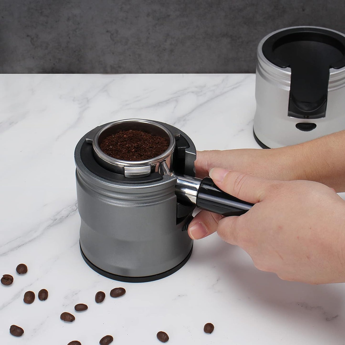 Espresso Tamping Station, Coffee Portafilter Holder, Aluminum Alloy Stand Fit for Most 51mm, 53mm, 54mm and 58mm Portafilter (Round, Grey)