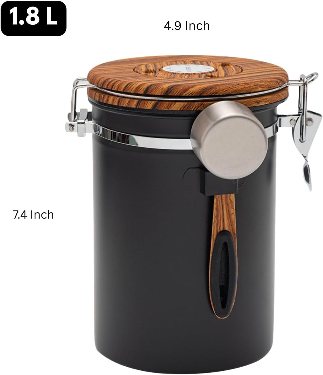Airtight Coffee Canister 1.8L with Wooden Lid Scoop Set, 304 Stainless Steel Food Storage Container with CO₂ Valve, for Beans, Grounds, Tea, Sugar, Flour, Nuts (Black,1.8L)