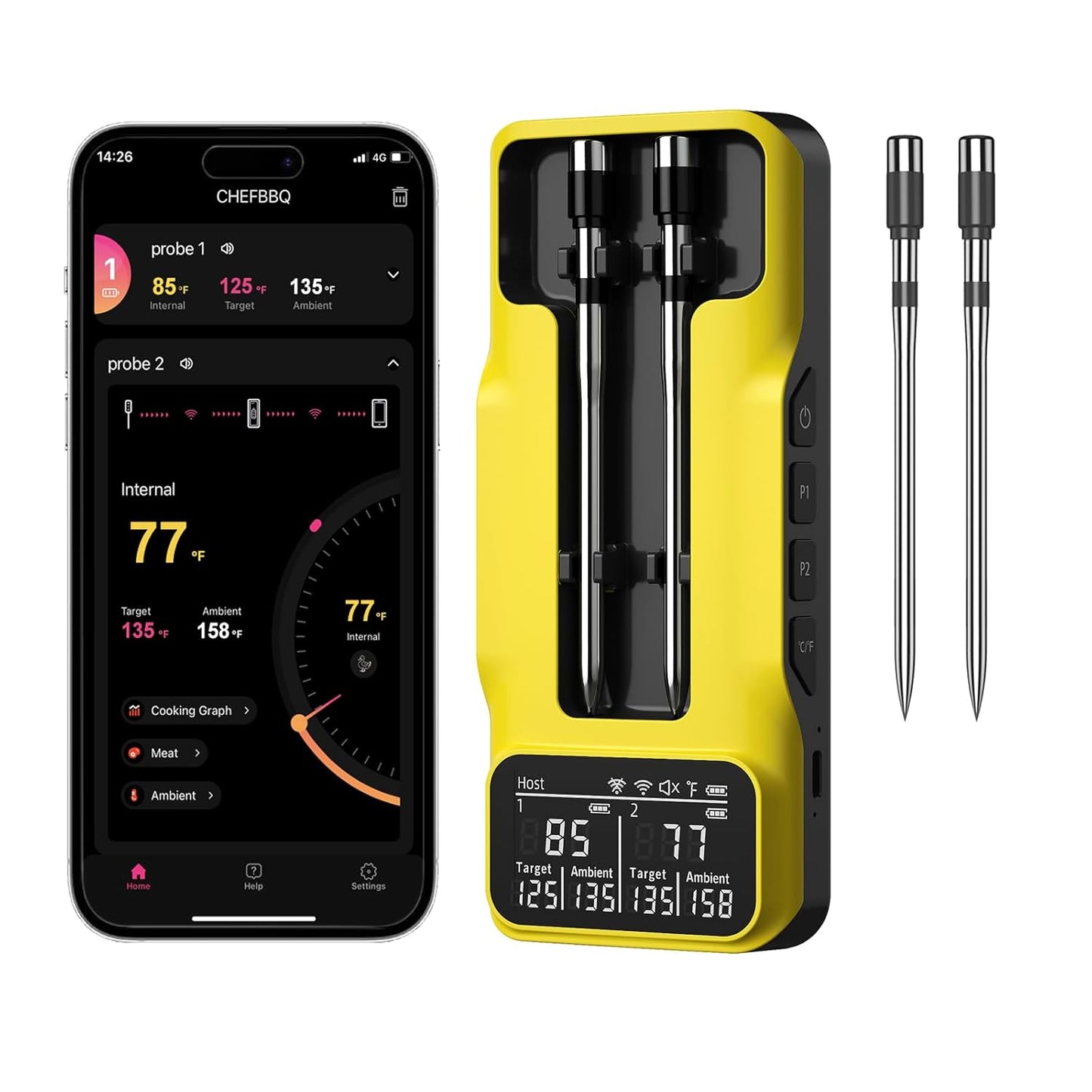 800FT Smart Wireless Meat Thermometer with Digital Meat Probe, Bluetooth Meat Thermometer with App Host Control for Barbecue, Outdoor Grilling, Oven & Smoker (Two*Probe-04)