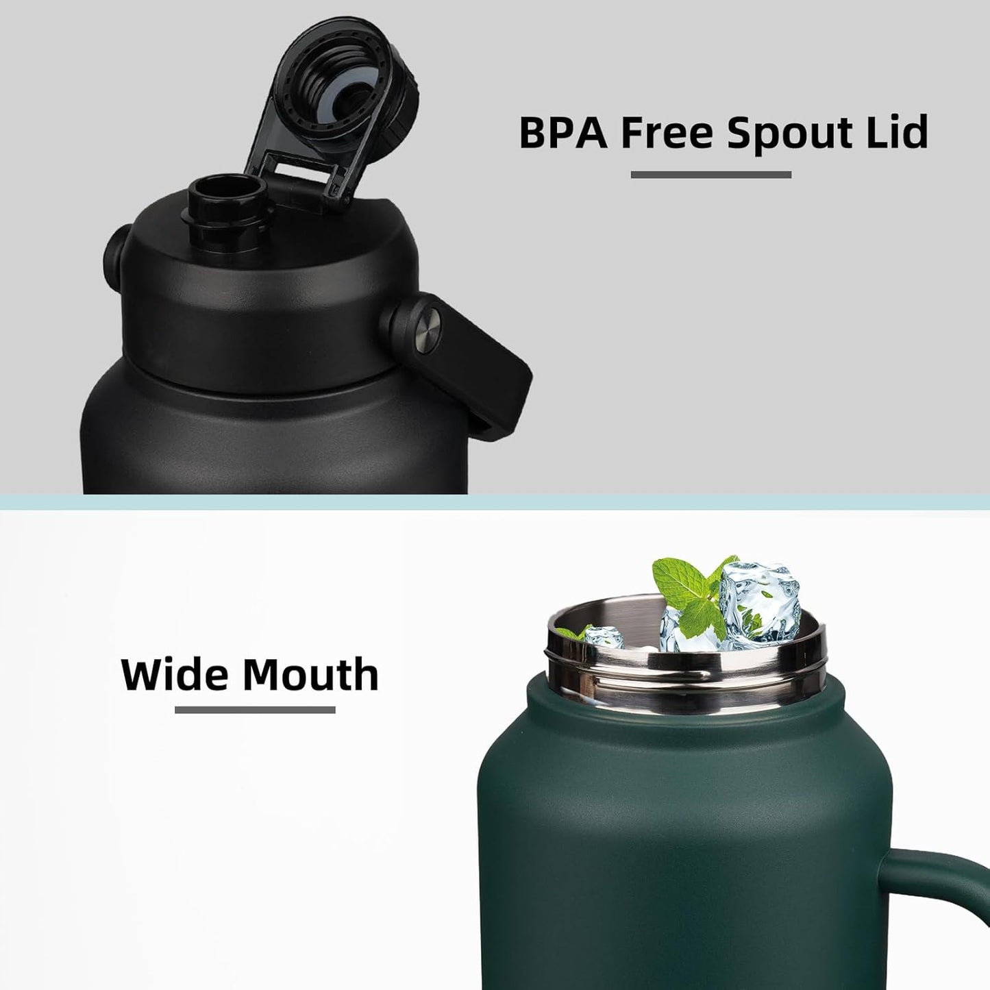 BJPKPK 64oz Insulated Water Bottle with Handle, Large Dishwasher Safe Half Gallon Water Bottle, BPA Free Water Jug, Wide Mouth Metal Water Bottle with Anti-slip Bottom, Keep Cold & Hot, Blue & Black