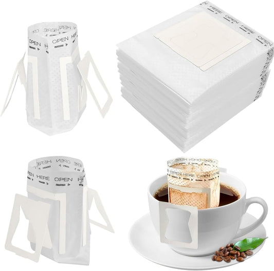 100 Pcs Premium Coffee Filter Paper Bags Disposable Single Serve Drip Coffee Bags with Hanging Ears, Fast Brewing, Mess-Free Design for Travel, Camping, Home & Office Use