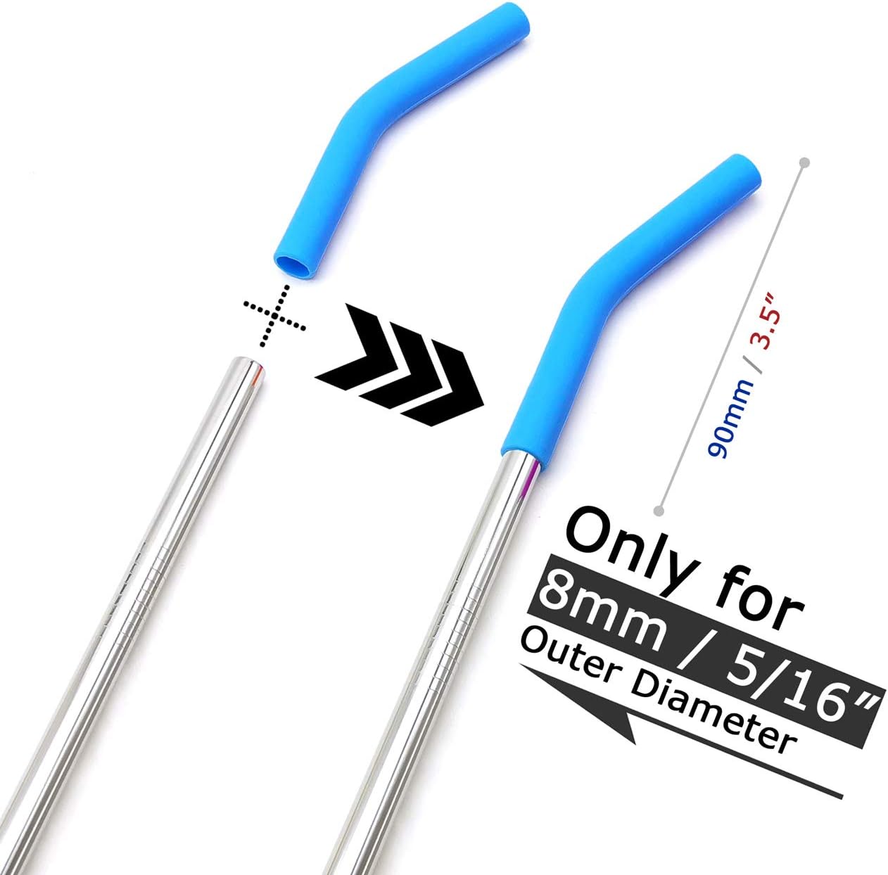 GFDesign Food Grade Silicone Straw Elbows Tips Soft Reusable Metal Stainless Steel Straw Nozzles Only Fit for 5/16" Wide (8mm Outer Diameter) Multicolor - Set of 8