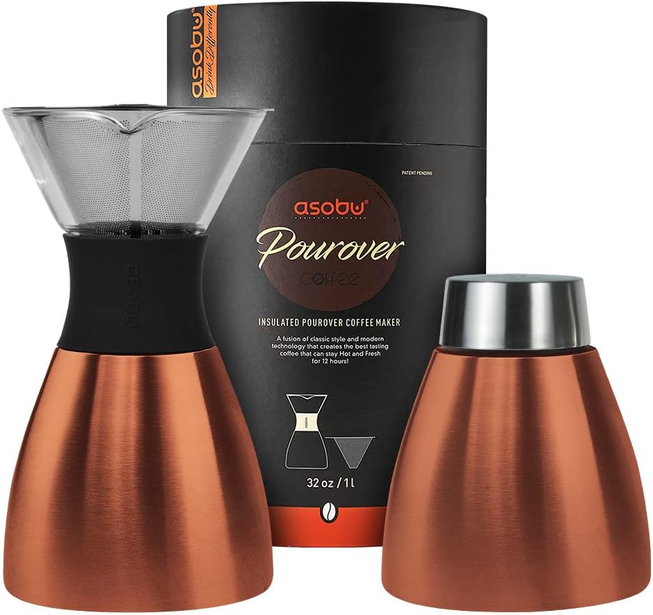 asobu Insulated Pour Over Coffee Maker (32 oz.) Double-Wall Vacuum, Stainless-Steel Filter and Take on the Go Carafe (Copper)