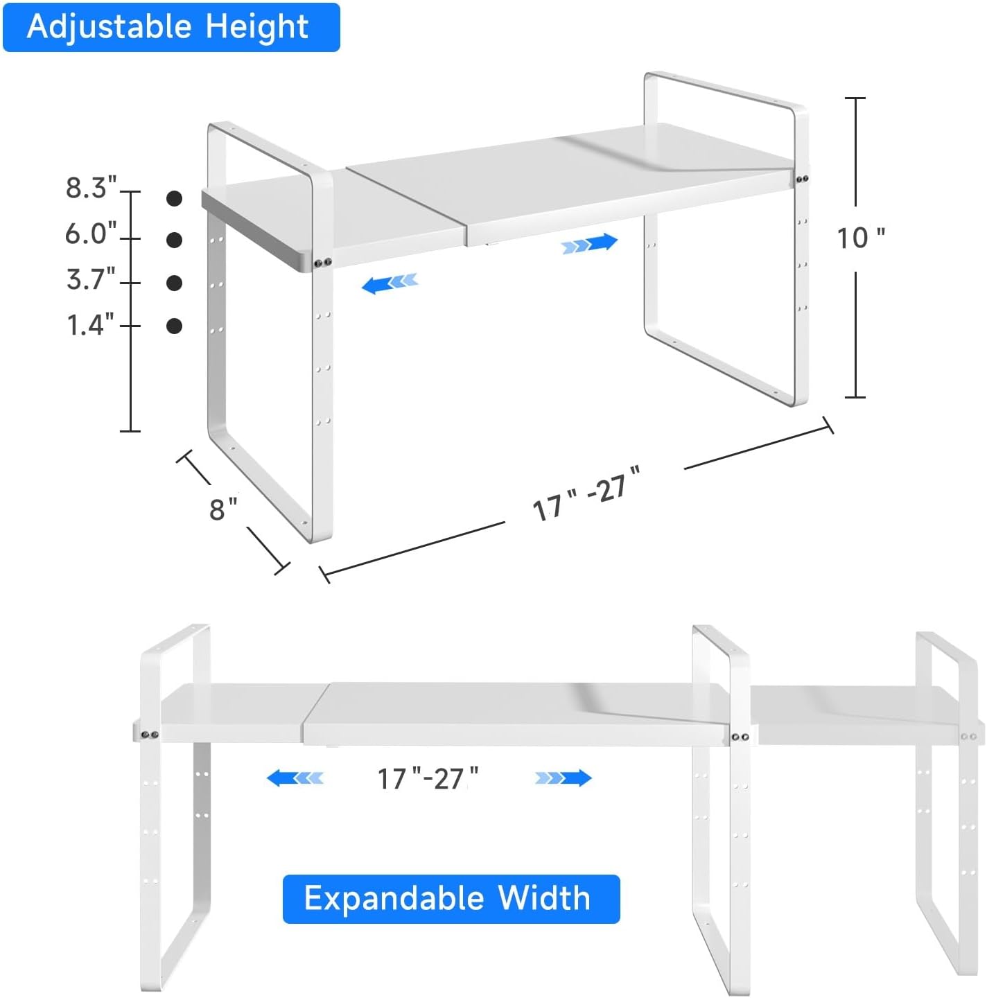 Expandable Cabinet Shelf Organizer, Stackable Kitchen Pantry Counter Storage, Adjustable Closet Cupboard Stand Rack Risers Spice Organization 80LBS Heavy Duty White Small 2 Pack
