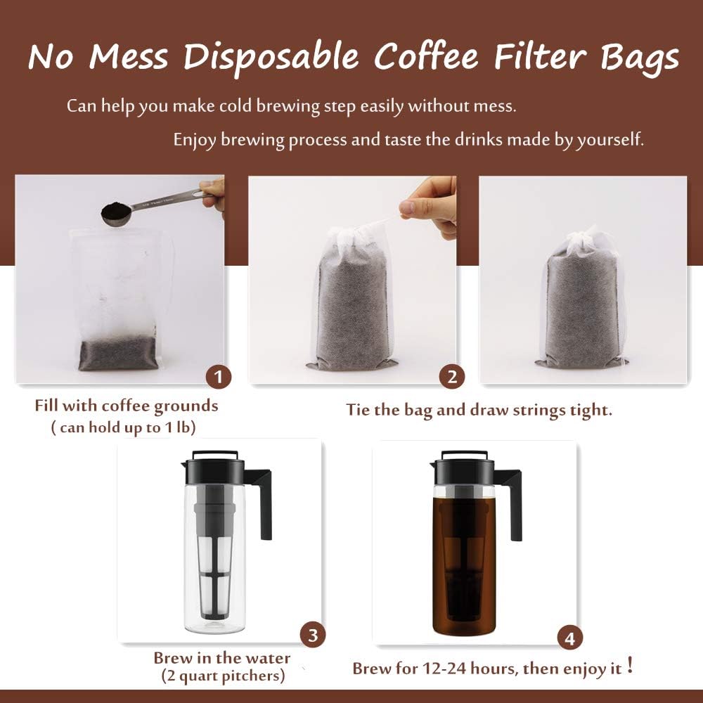 Disposable Cold Brew Coffee Filters - 100 Count Single Use Filter Sock Packs Sturdy Fine Mesh Brewing Bags for Concentrate, Iced Coffee Maker, French/Cold Press Kit, Tea in Mason Jar, 6'' x 10''