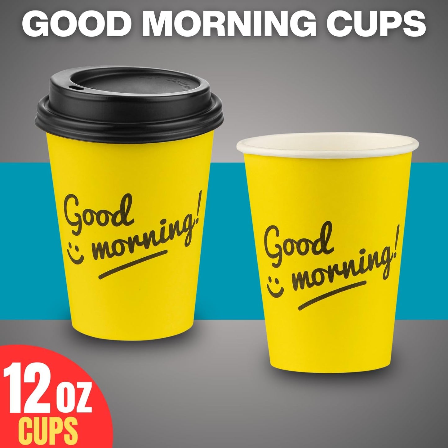Smygoods Disposable Coffee Cups with Lids, To Go Paper Hot Cups, Good Morning Design (12 OZ, 50 Count) For Hot Beverages, Coffee, Tea, Espresso, Cocoa - Vasos Para Cafe