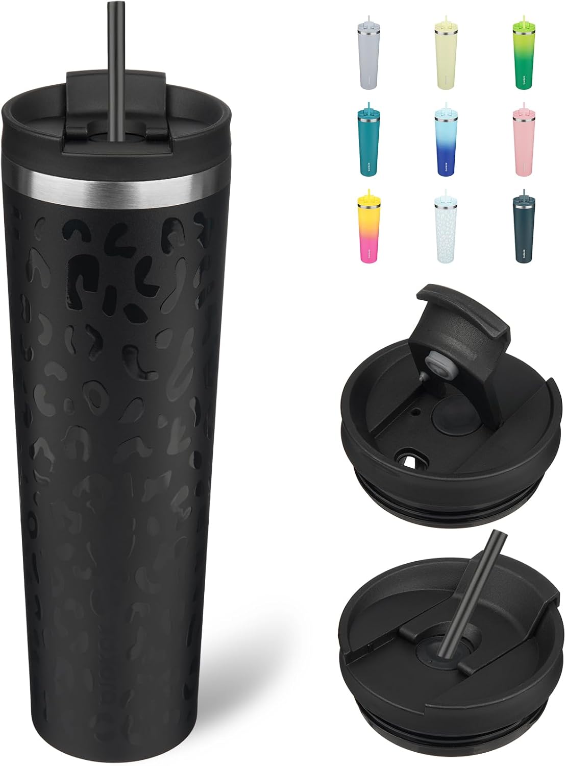 BJPKPK 34oz Insulated Tumbler With lid And Straw Stainless Steel Tumblers Travel Coffee Mug Reusable Thermal Cup,Black Leopard