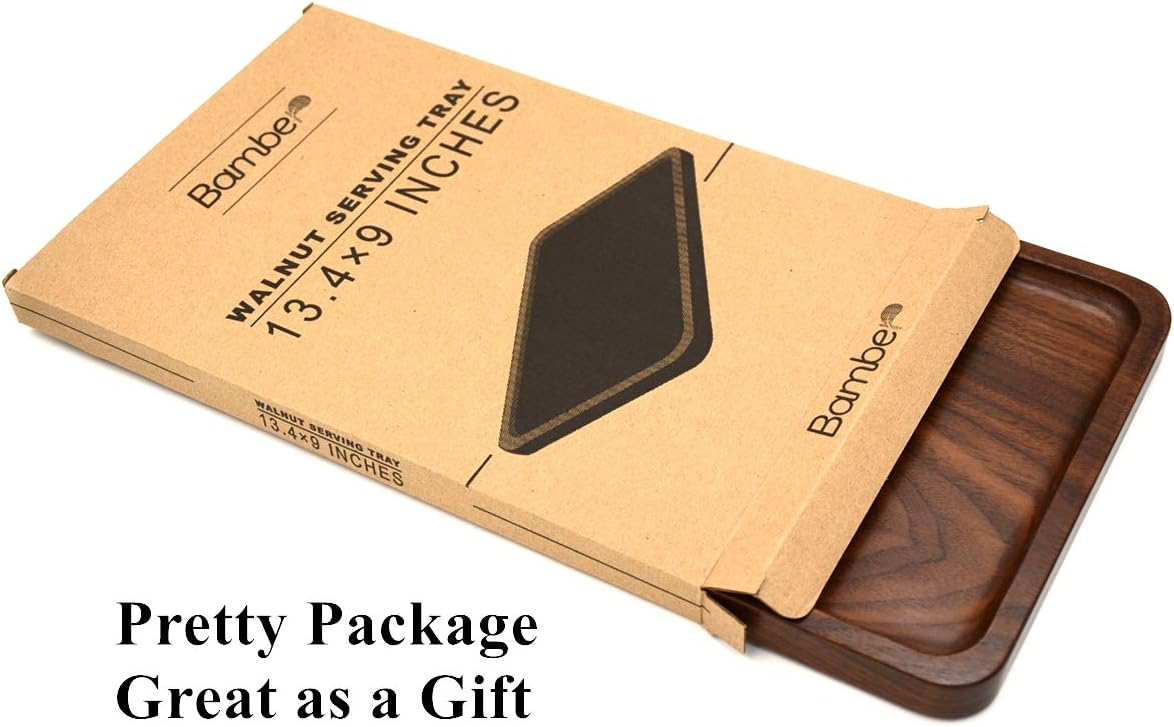 Bamber Wood Serving Tray Wooden Decorative Coffee Tea Platter Whole-Piece Black Walnut 13.4 x 9 Inches