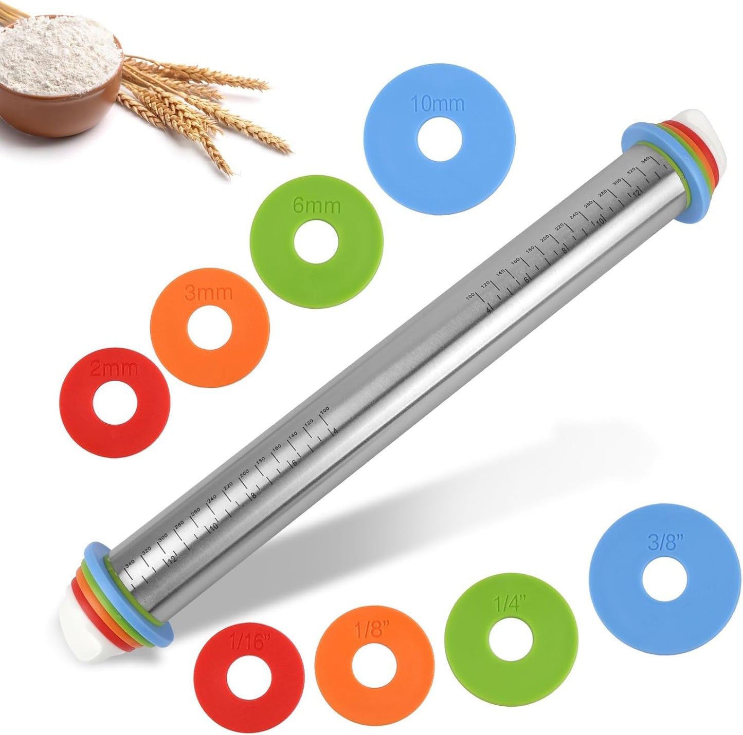 Adjustable Rolling Pin with 4 Thickness Rings for Baking, 17” Stainless Steel Dough Roller with Clear Measurement Markings for Pizza, Fondant, Pie, Cookies, Baking Supplies, Pastry, Pasta