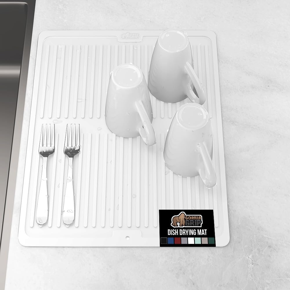 GORILLA GRIP 100% BPA-Free Patented Silicone Dish Drying Mat for Kitchen Counter, Water Catching Ribbed Design, Easy Clean Waterproof Sink Liner, Heat Resistant, Fits Under Rack, 16x12 Inch, White