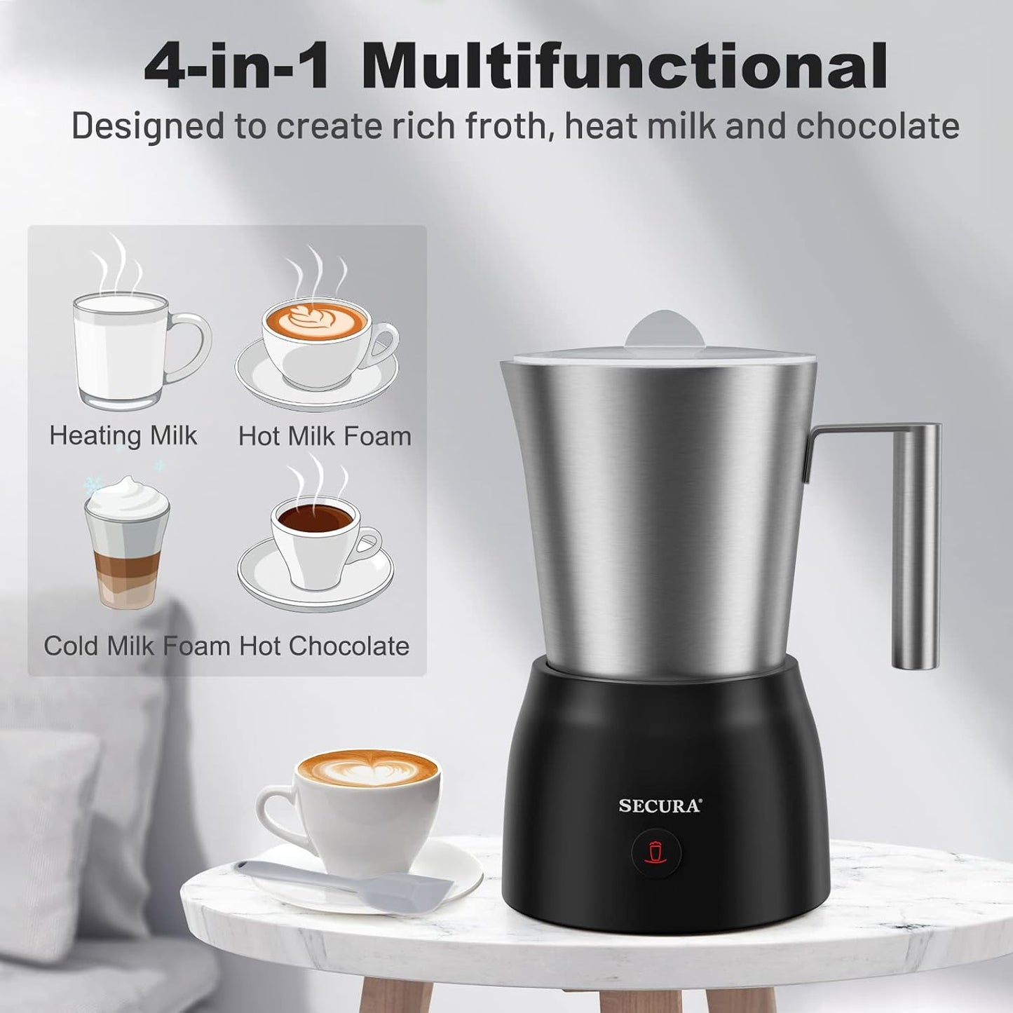 Secura 17oz Detachable Milk Frother and Steamer, Stainless Steel Electric Hot/Cold Foam Maker for Lattes, Cappuccinos & Hot Chocolate, Upgraded 2-in-1 Whisks, Non-Stick & Teflon-Free Design