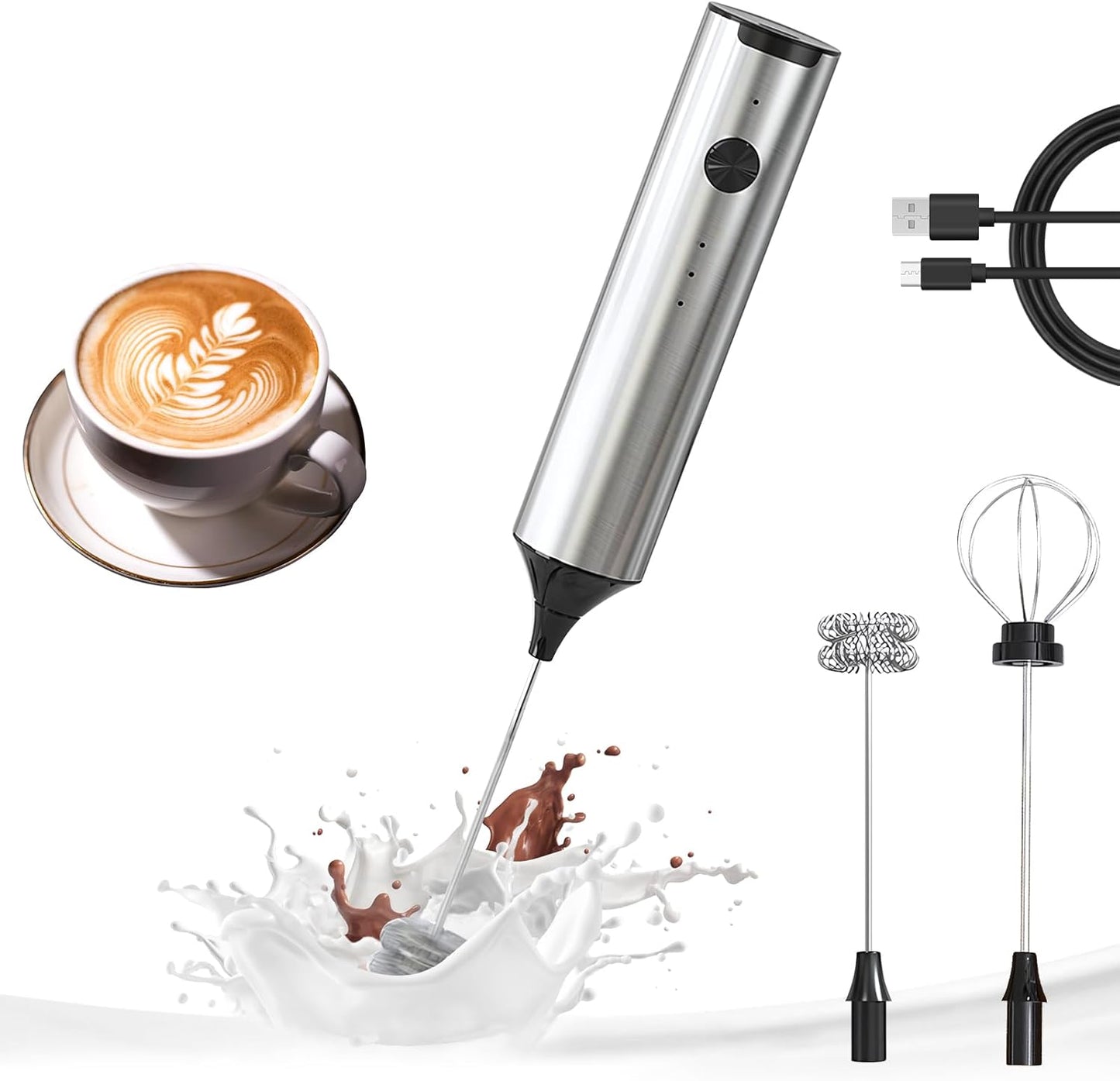 YARRAMATE Rechargeable Milk Frother Wand Handheld, 3 Speed Adjustable Electric Drink Mixer with 2 Whisks, Stainless Steel Stirrer for Coffee, Lattes, Protein Shakes, Matcha, Egg