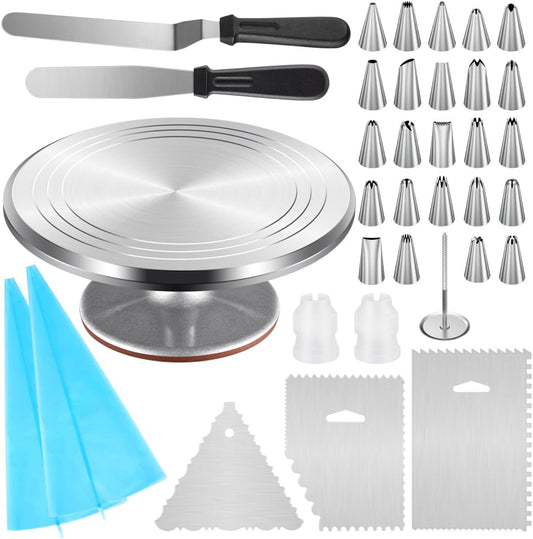 Kootek Aluminium Cake Turntable, 12 Inch Rotating Cake Stand, 35 pcs Cake Decorating Kit Supplies with 24 Numbered Icing Piping Tips, 2 Frosting Spatula, Pastry Bags and Other Baking Tools