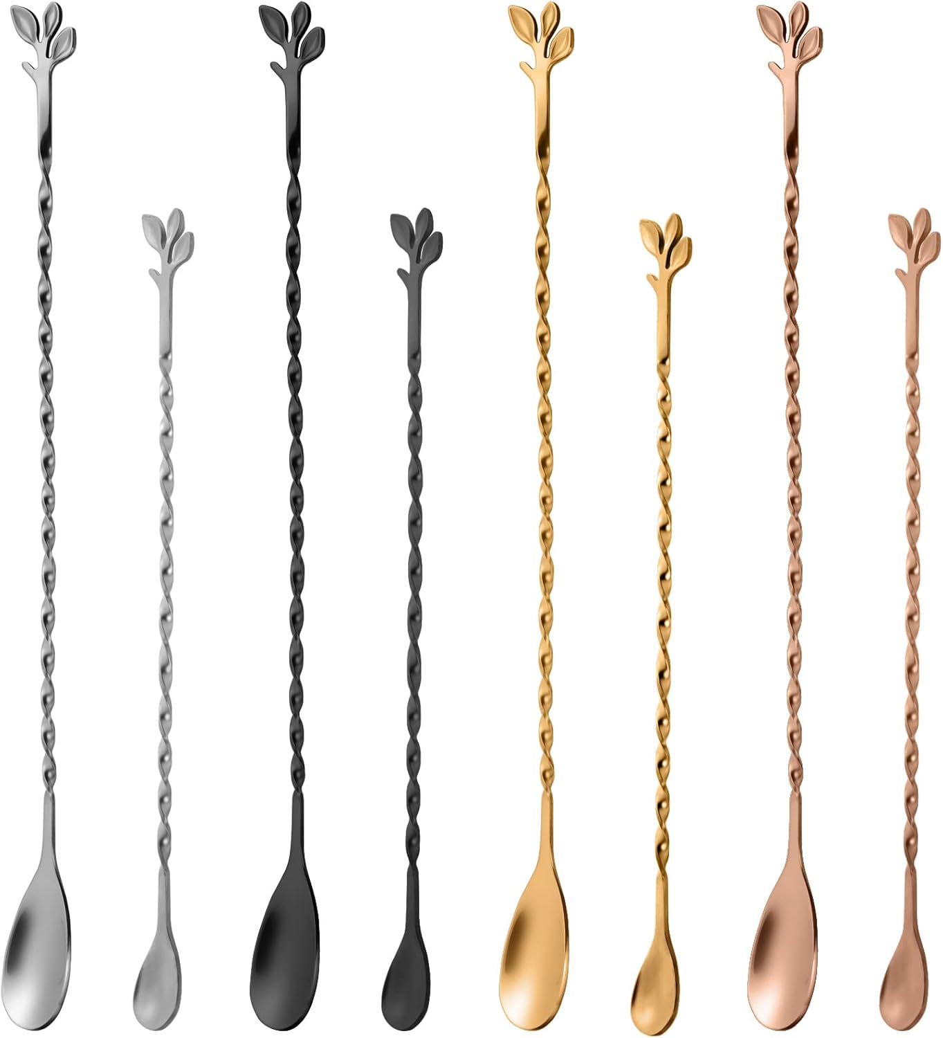 AnSaw Black 10-Inch Stainless Steel Cocktail Spoon with Leaf Handle - Perfect for Mixing & Layering Drinks in Tall Cups, Bar & Shakers - Durable Long Handle Bar Stirrer,2-Pieces