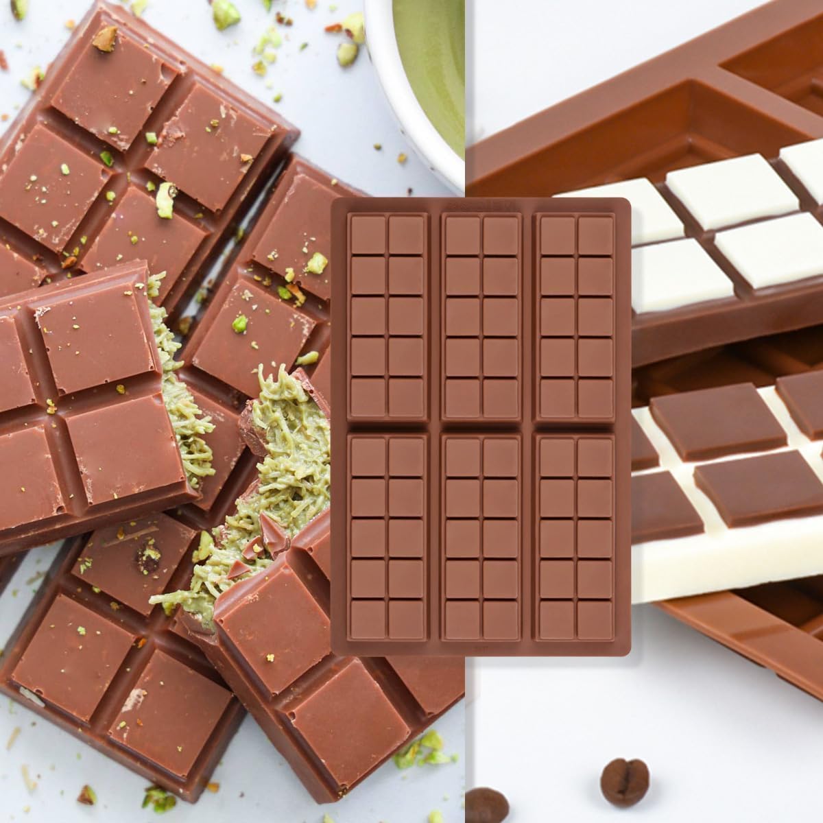 Chocolate Bar Mold Deep Silicone Break-Apart Chocolate Mold Non-Stick Chocolate Mold Dubai Chocolate Bar Mold Pistachio (10 Snap, Set of 2) (10 Snap)