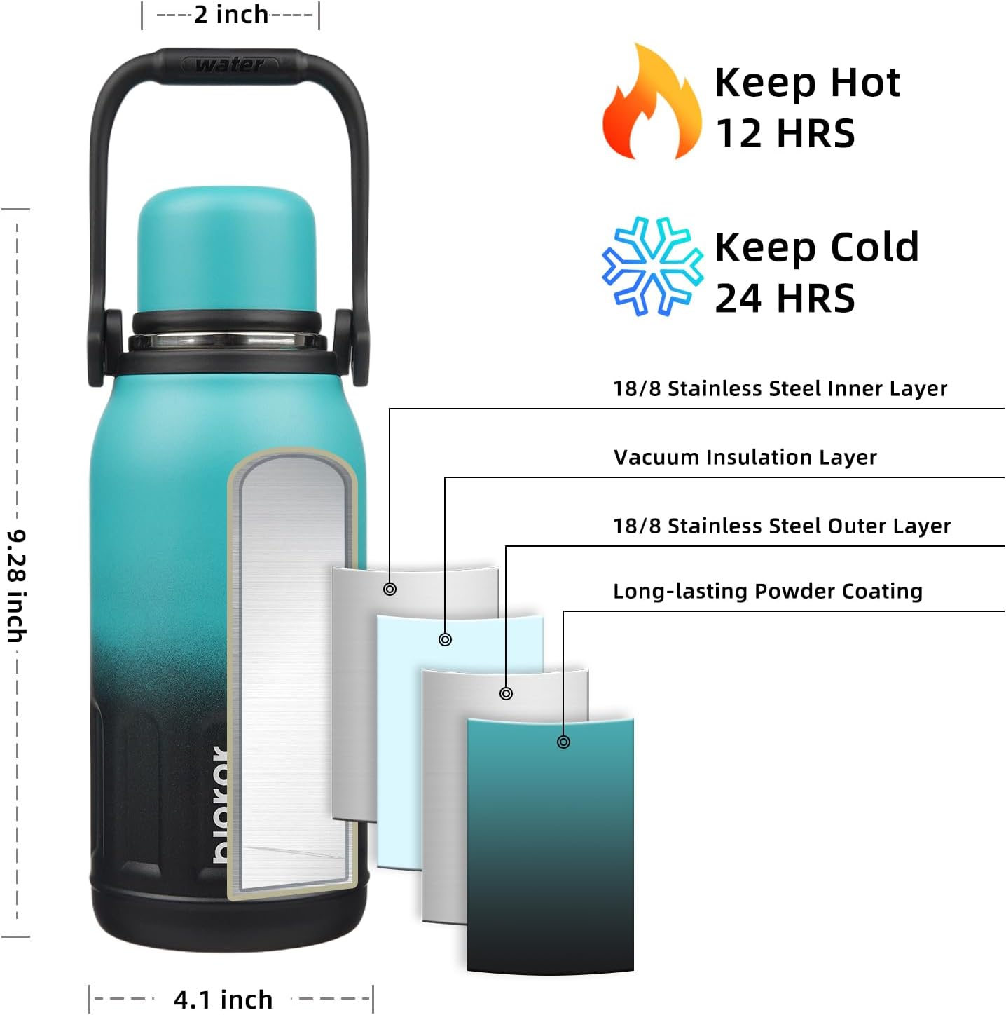 BJPKPK Insulated Thermos Water Bottle with Handle and Lid 40oz Stainless Steel Water Bottles for Cold and Hot Beverages,TealBlack