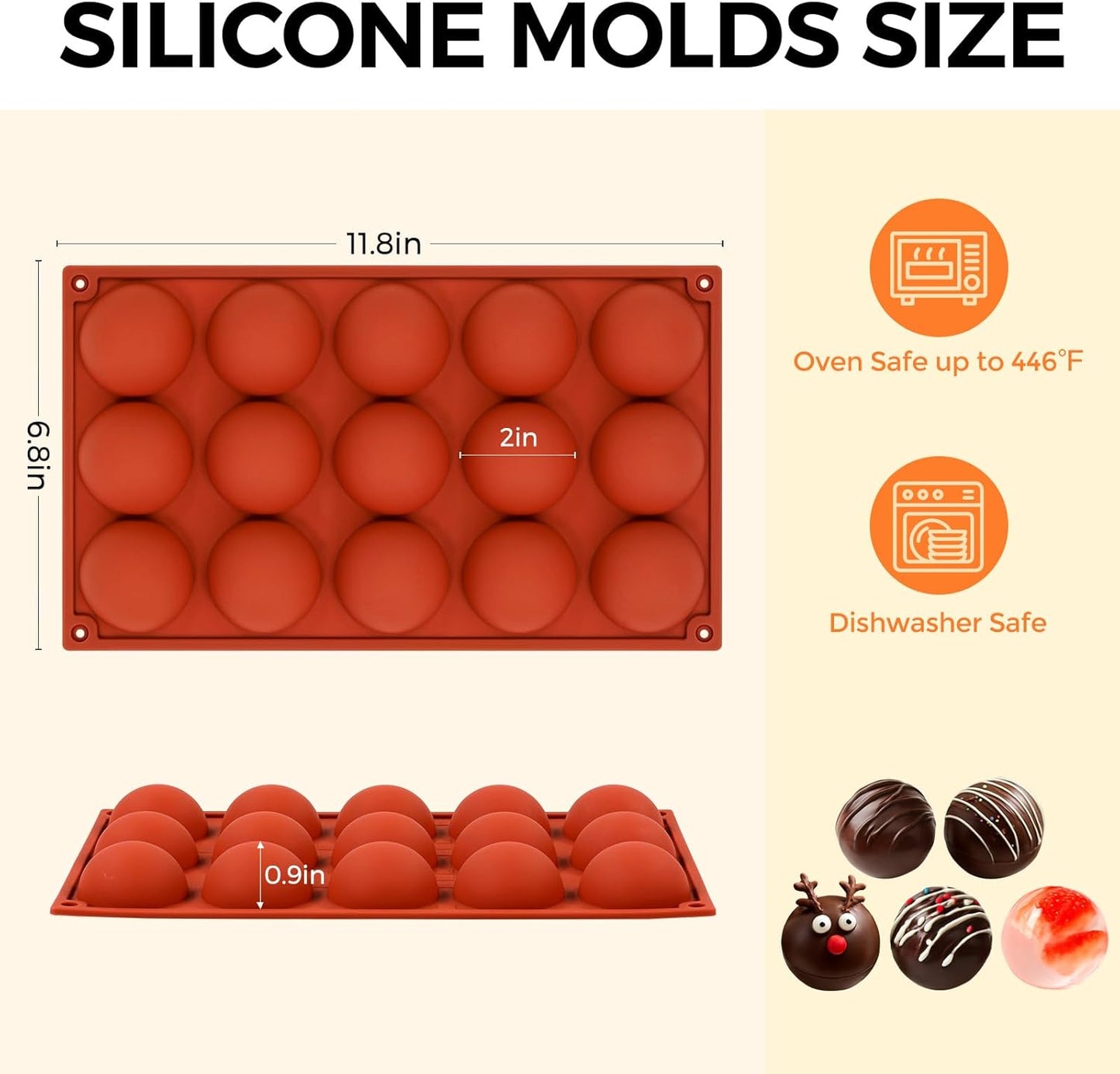 Semi Sphere Silicone Molds, 15 Cavities Half Sphere Hot Chocolate Bombs Mold for Making Jelly, Chocolates and Cake, Pack of 2