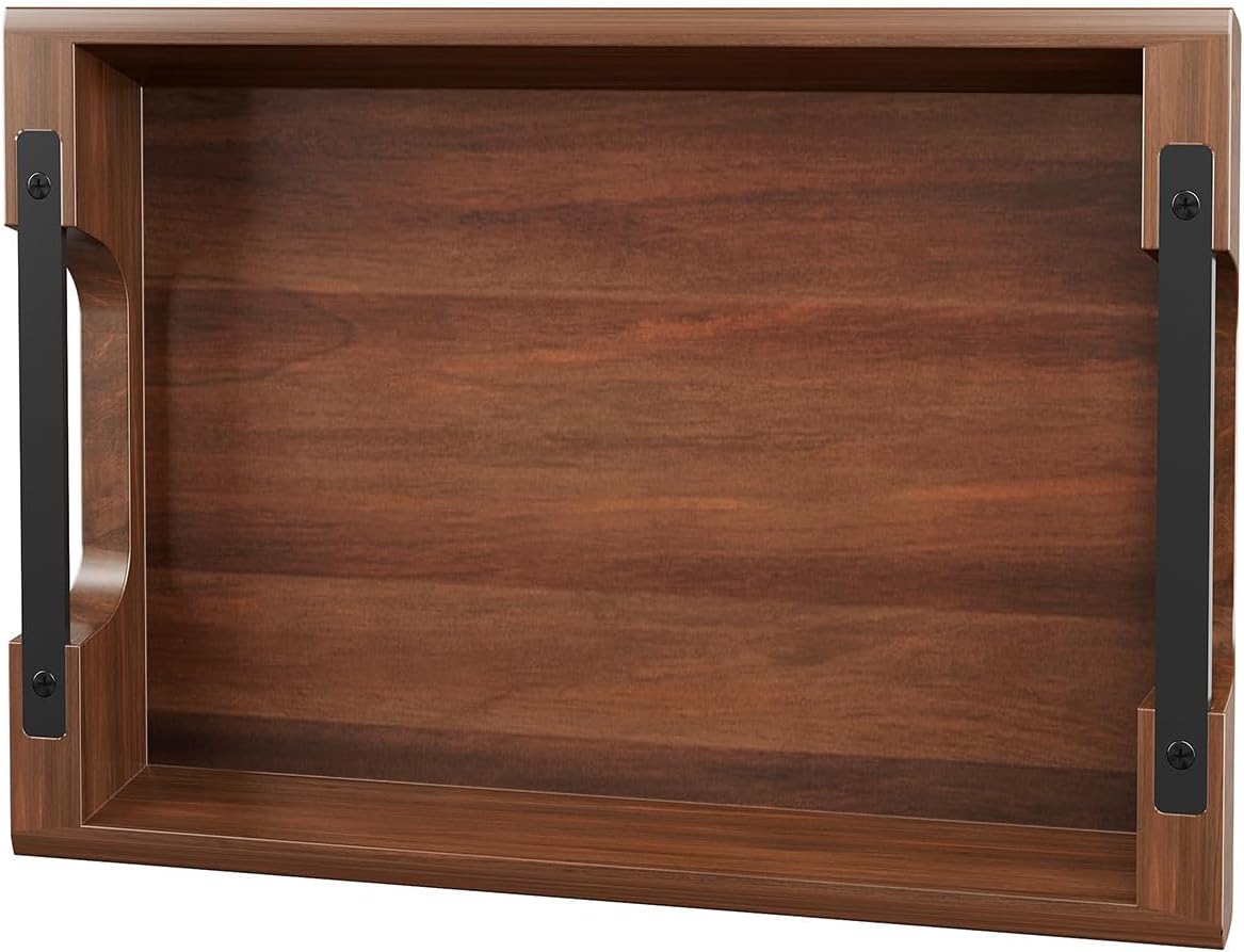 Acacia Wood Serving Tray with Metal Handles, 15x10 Inch Decorative Tray for Coffee Table Ottoman - Rustic Wooden Breakfast & Drink Tray, Farmhouse Centerpiece