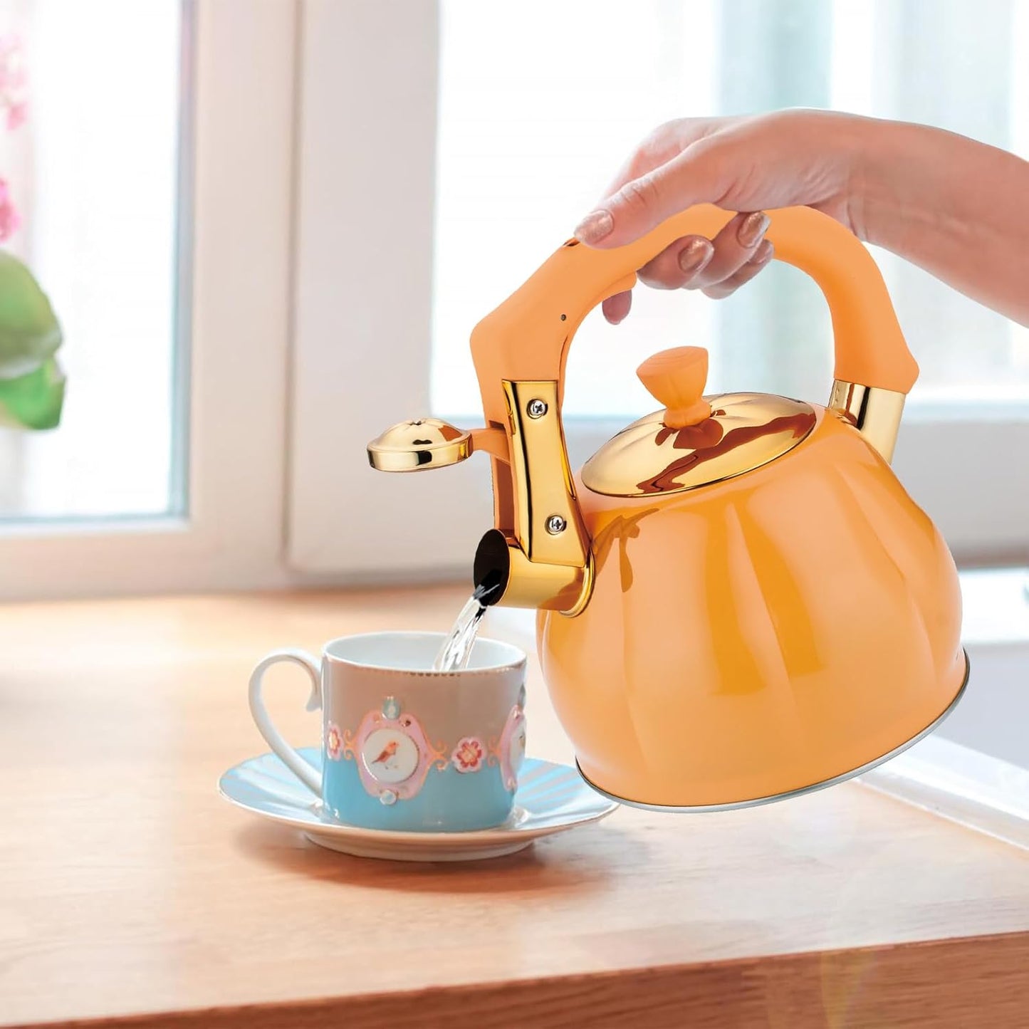 Stainless Steel Tea Kettle for Stove Top Teakettles Stovetop Whistling with Heat Proof Ergonomic Handle 2.5 Quart