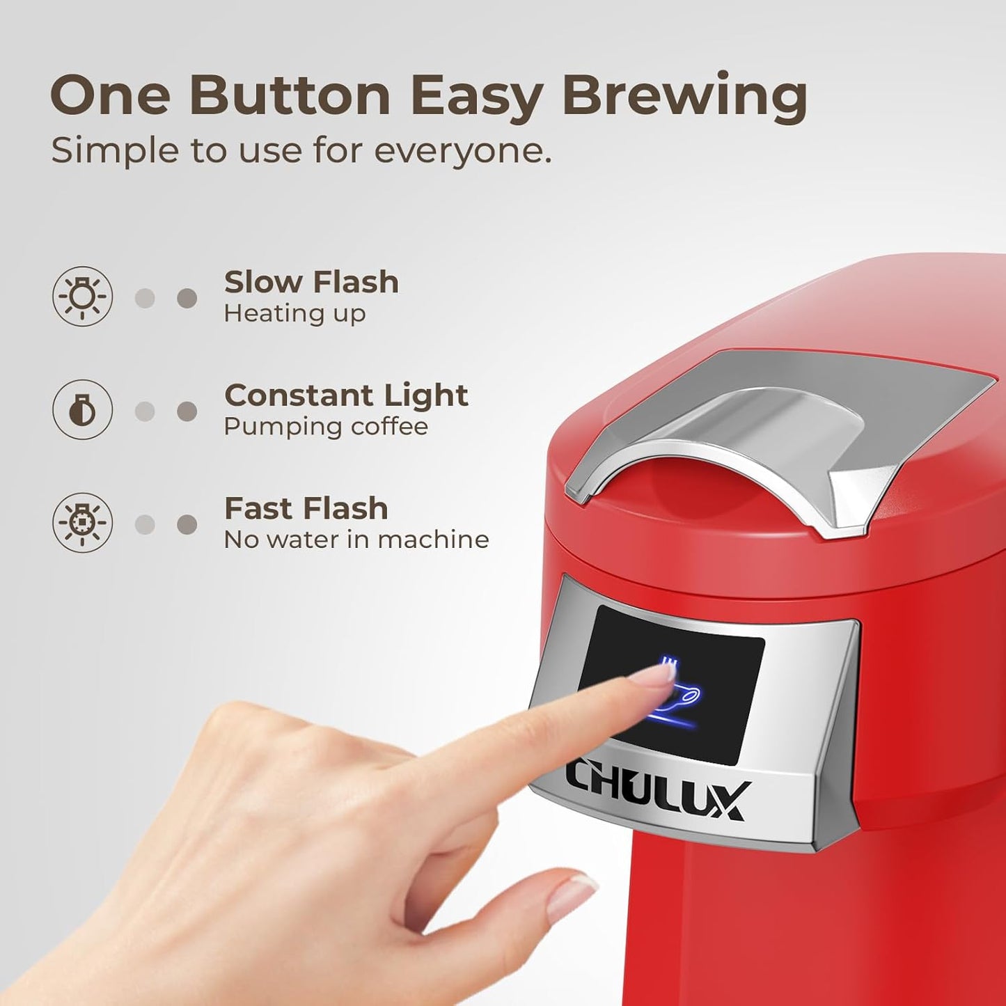 CHULUX Classic Single Serve Coffee Maker for K Cup, One Button Easy Coffee Machine for Office, RV, Travel and Dorm, Red
