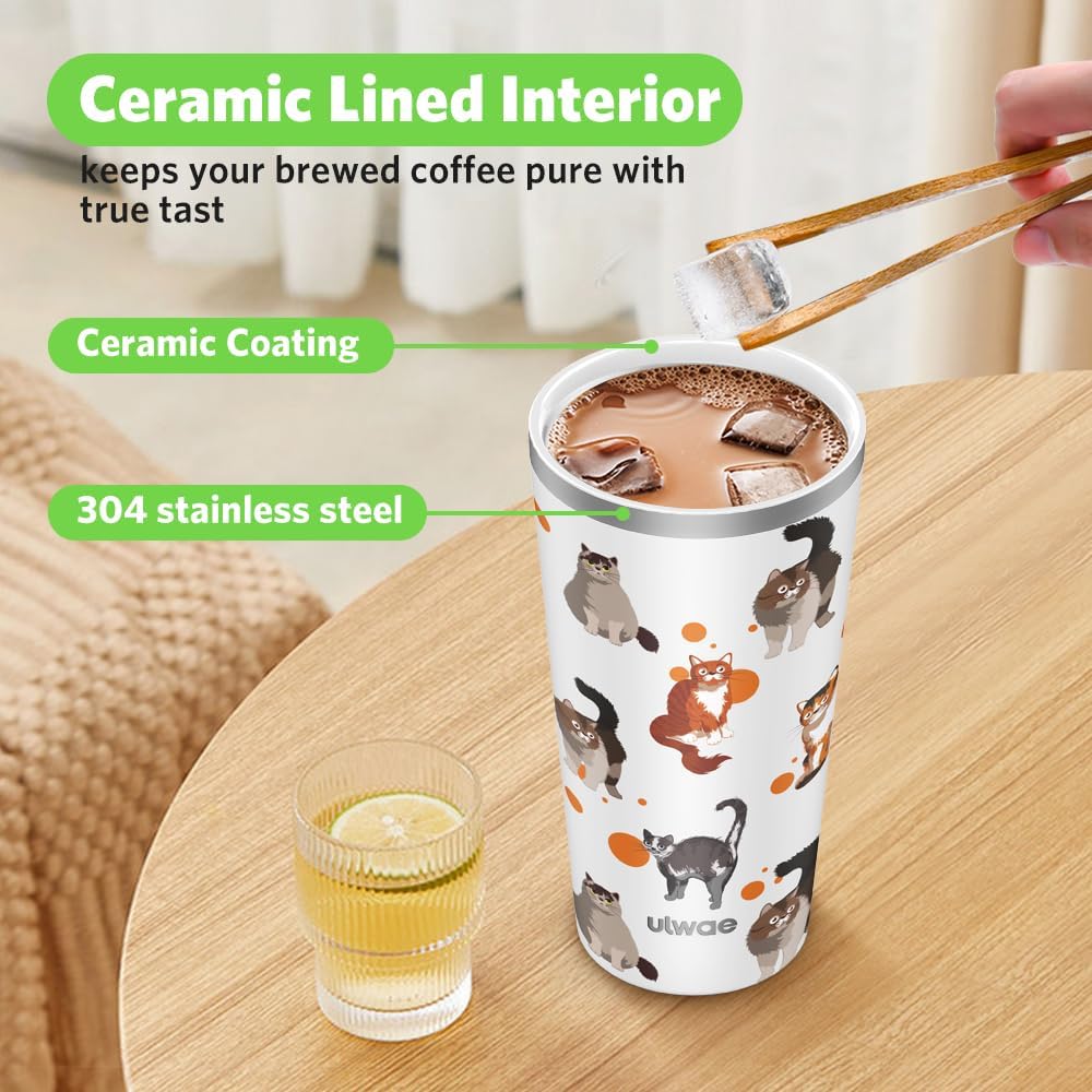 Insulated Coffee Mug with Ceramic Coating, 18oz Travel Mug with Leak-proof Lid, Vacuum Double-wall Tumbler, Stainless Steel Thermal Cup for Tea, Hot Cocoa, Cold Beverage, Ice Drinks