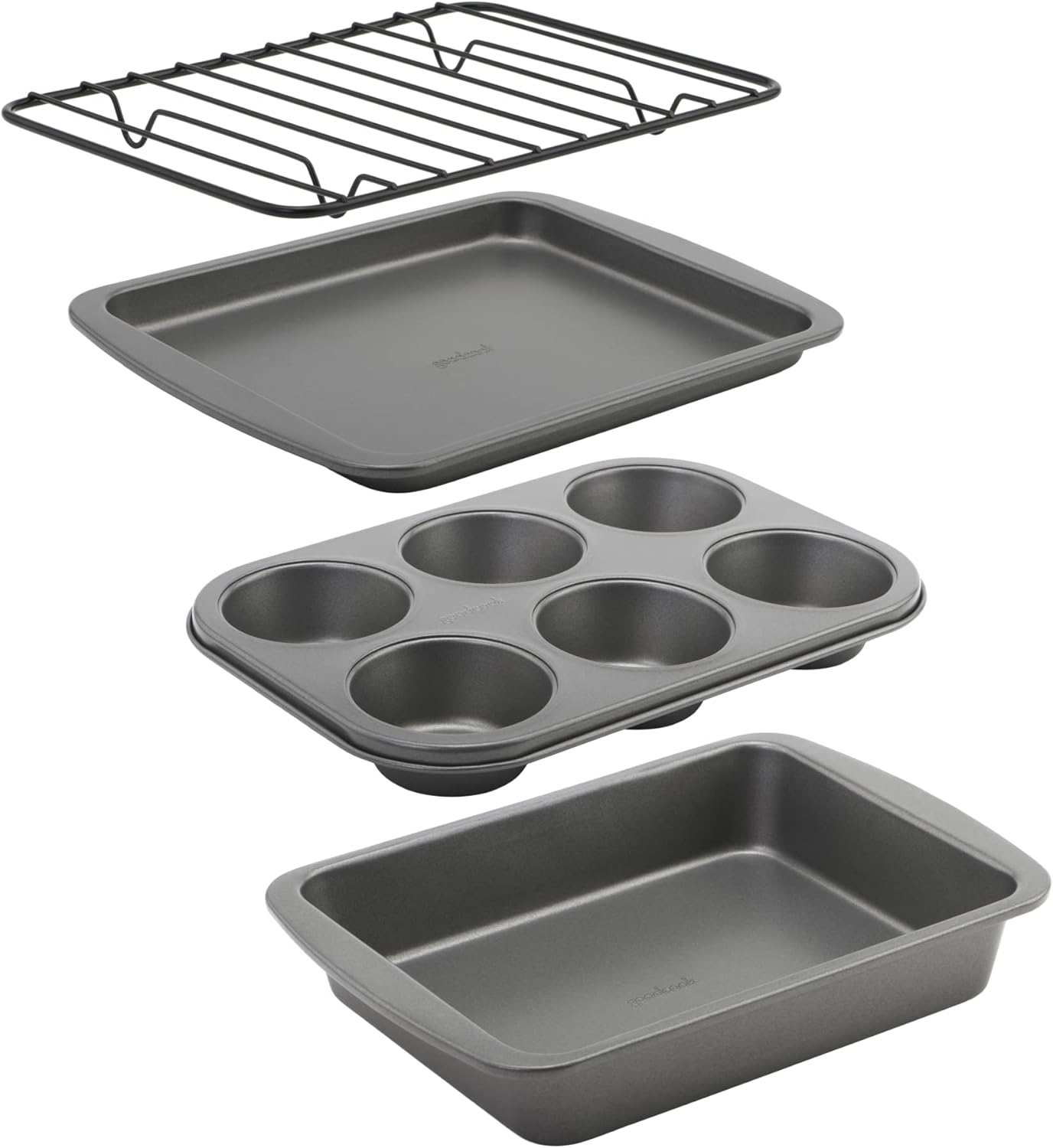 GoodCook 4-Piece Nonstick Steel Toaster Oven Set with Sheet Pan, Rack, Cake Pan, and Muffin Pan, Gray, 4-Piece Set Distributes Heat Evenly, Nonstick Coating, Dishwasher-Safe