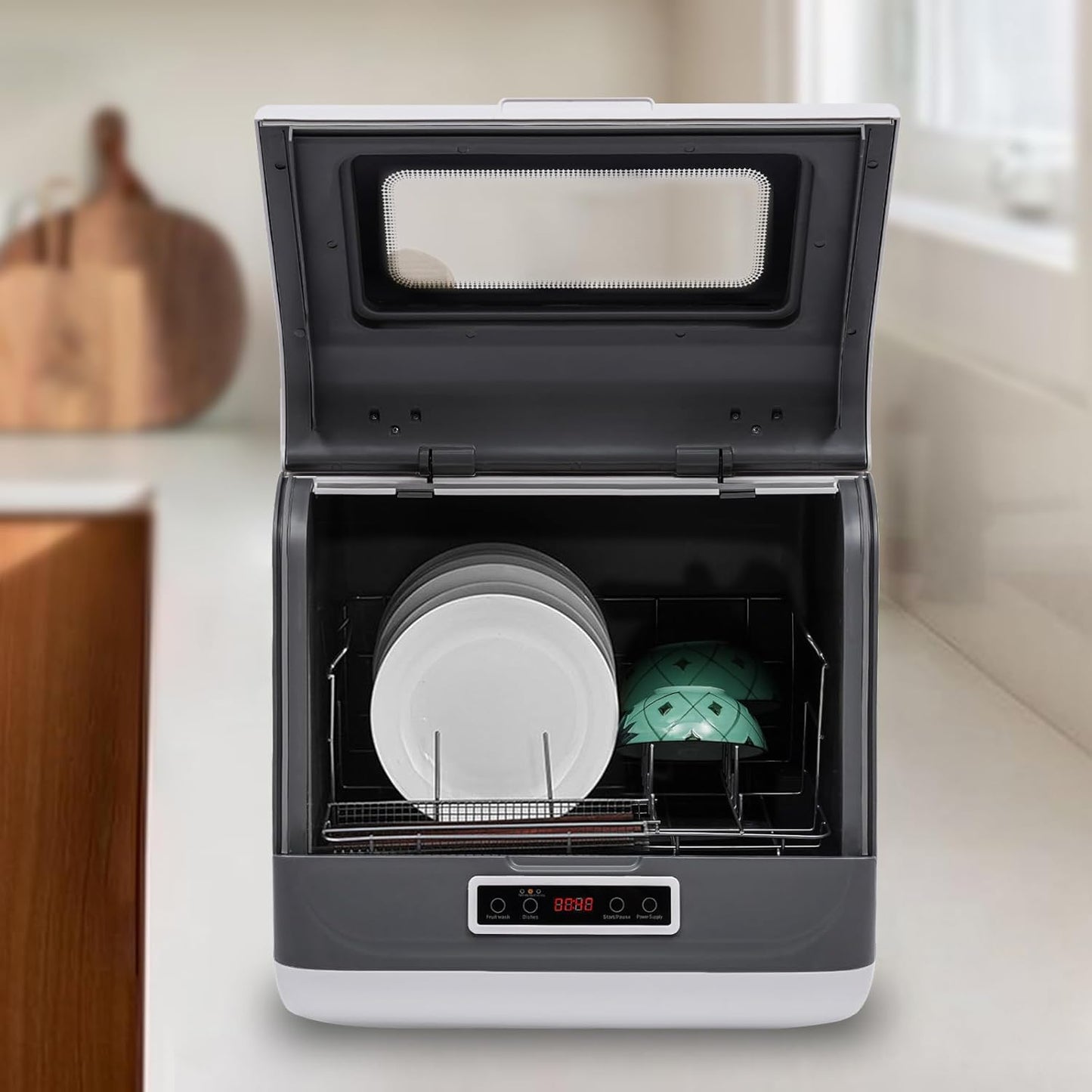 800W Portable Countertop Dishwasher, 110V Automatic Mini Dishwasher Machine with 3 Washing Programs, 360° Rotating Spray Air Drying Function for House Dorm Apartment RV