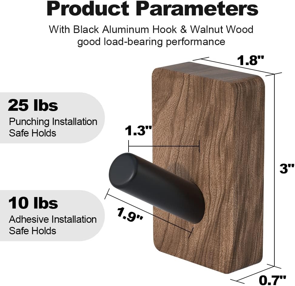 4 PCS Black Walnut Wood Wall Hooks, Adhesive Mounted & Wall Mounted Rustic Decorative Entryway Hooks, Mid Century Modern Natural Wooden Pegs for Hanging Coat Clothes Hat Bag Purse and Towel